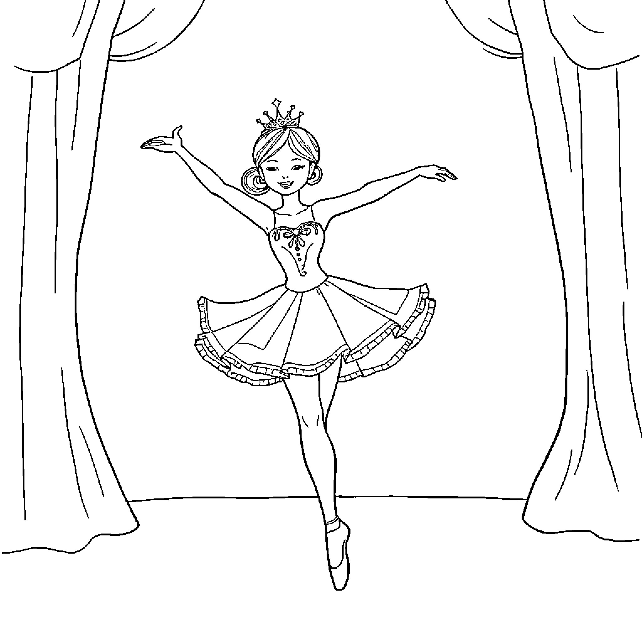 Ballerina performing graceful dance on stage Coloring Page (free black-and-white line drawing printable PDF for all, from beginners to advanced learners, including children, teens, adults, and seniors)
