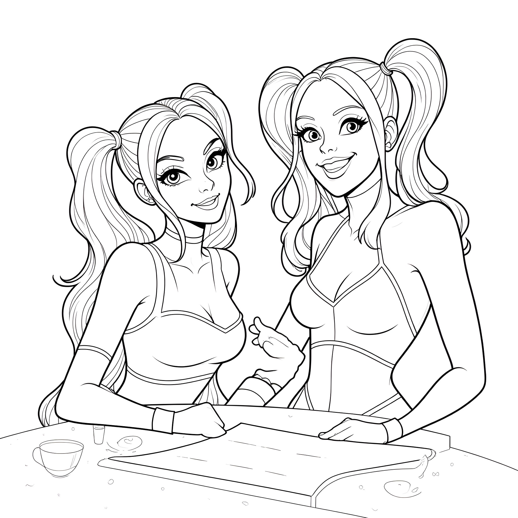 Harley Quinn in conversation with female companion Coloring Page (free black-and-white line drawing printable PDF for all, from beginners to advanced learners, including children, teens, adults, and seniors)