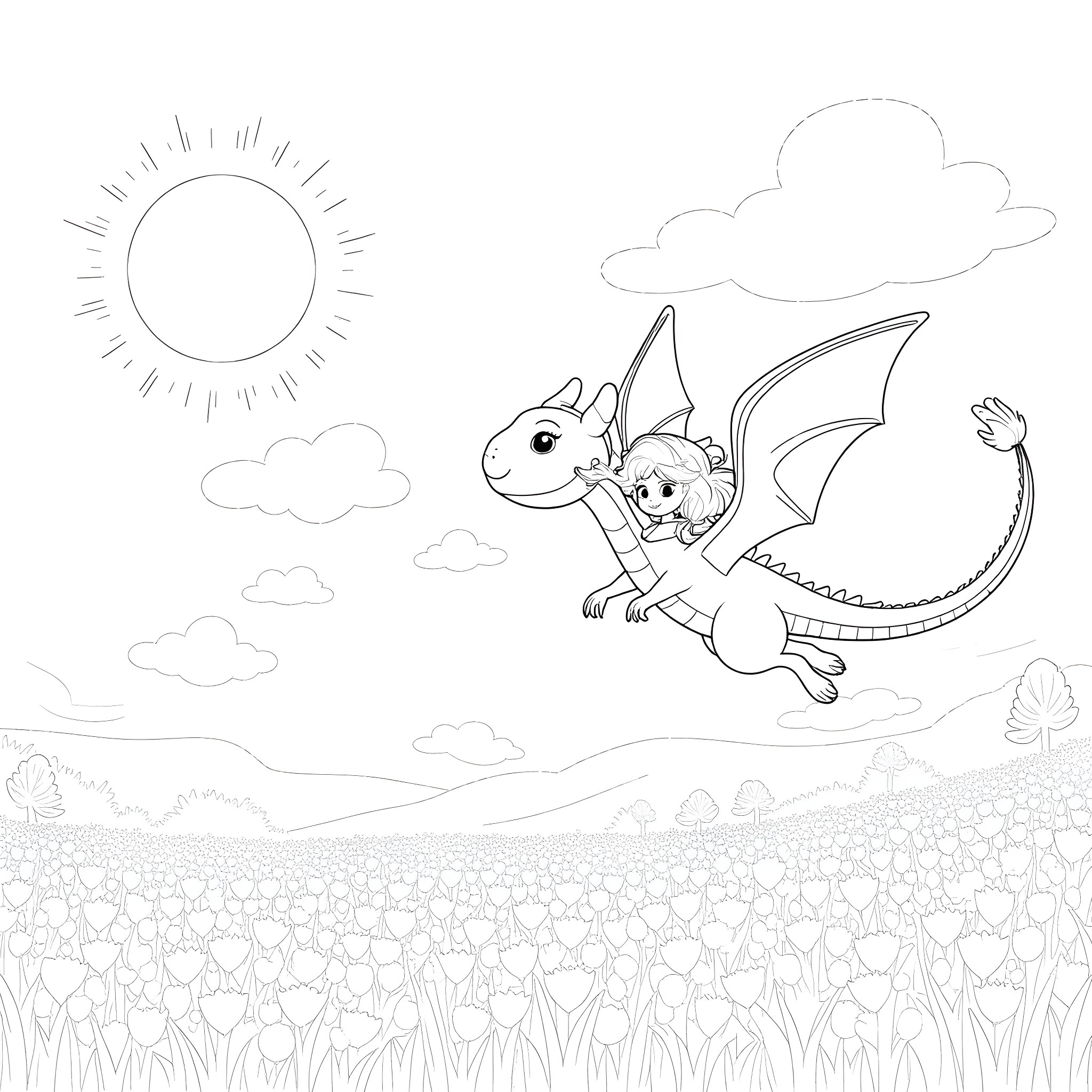Princess Dragon Flying Joyfully in the Sky Coloring Page (free black-and-white line drawing printable PDF for all, from beginners to advanced learners, including children, teens, adults, and seniors)