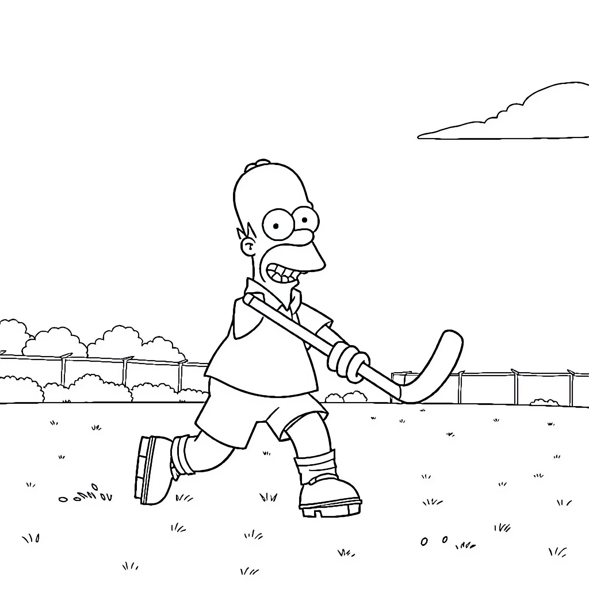 Homer Simpson enjoying a peaceful walk outdoors Coloring Page (free black-and-white line drawing printable PDF for all, from beginners to advanced learners, including children, teens, adults, and seniors)