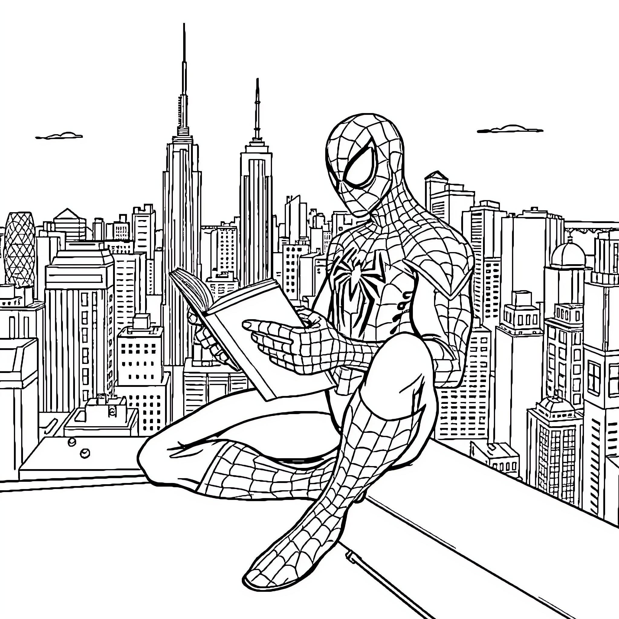 Spiderman swinging through the cityscape Coloring Page (free black-and-white line drawing printable PDF for all, from beginners to advanced learners, including children, teens, adults, and seniors)
