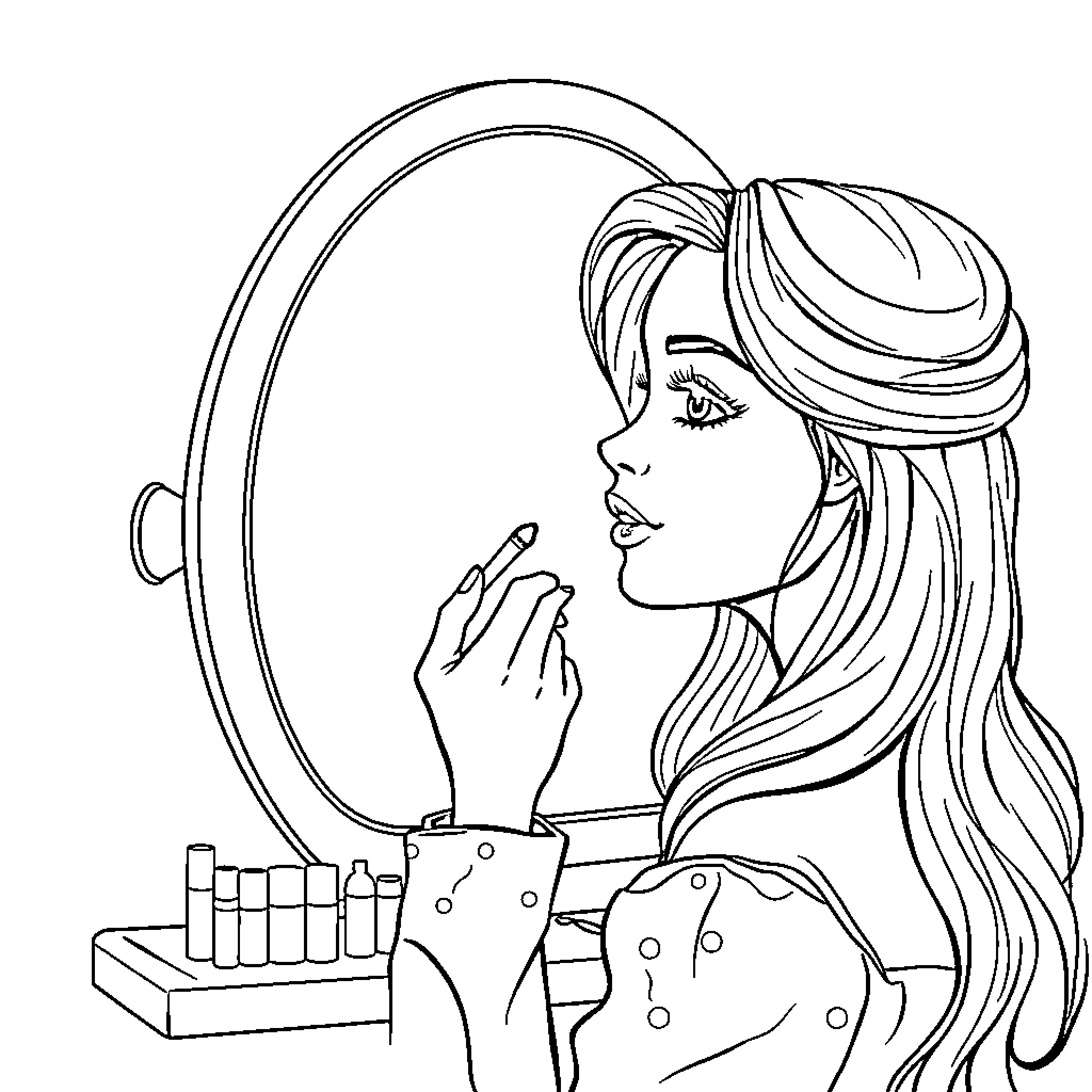 Girl applying makeup in front of a mirror Coloring Page (free black-and-white line drawing printable PDF for all, from beginners to advanced learners, including children, teens, adults, and seniors)