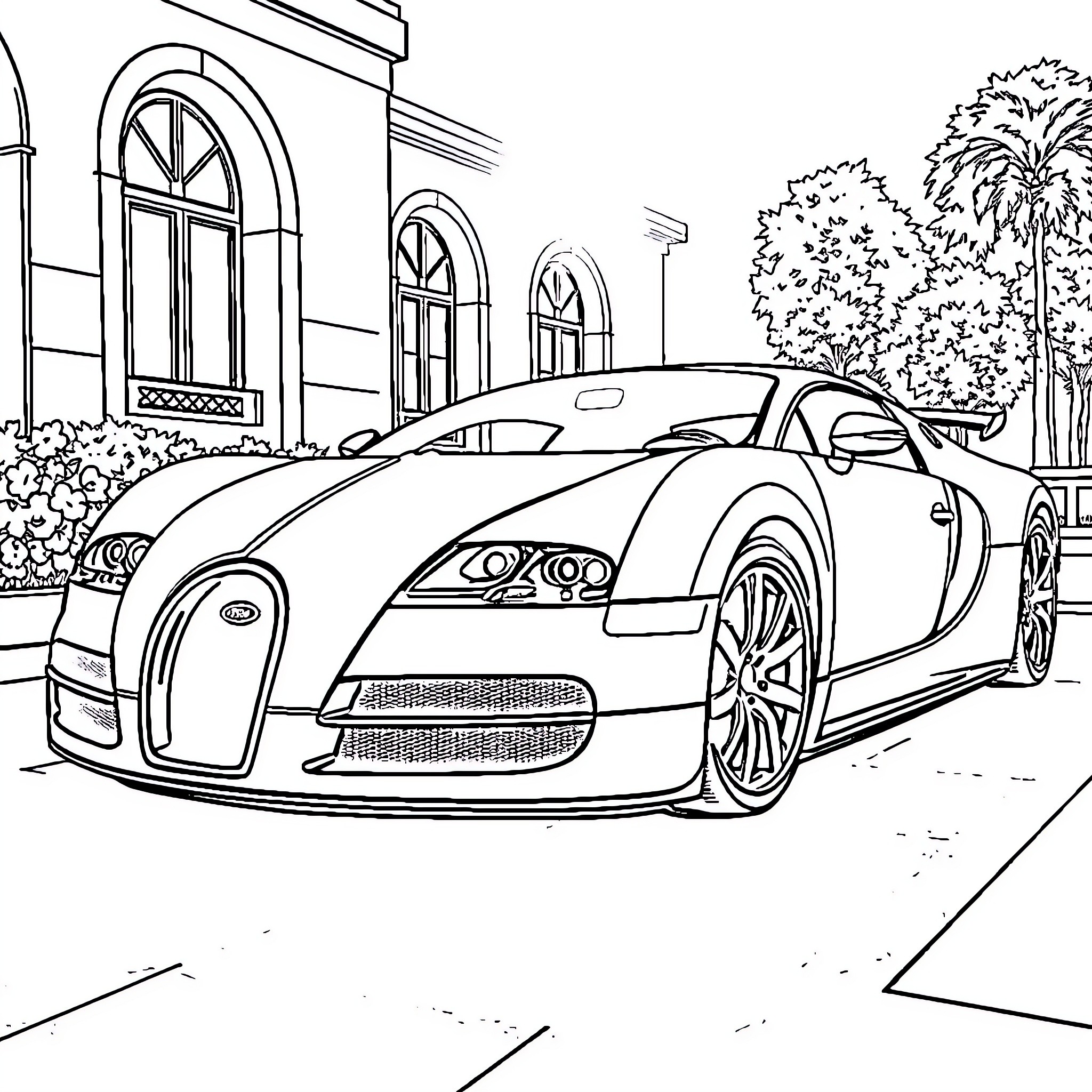 Car parked in front of a building Coloring Page (free black-and-white line drawing printable PDF for all, from beginners to advanced learners, including children, teens, adults, and seniors)