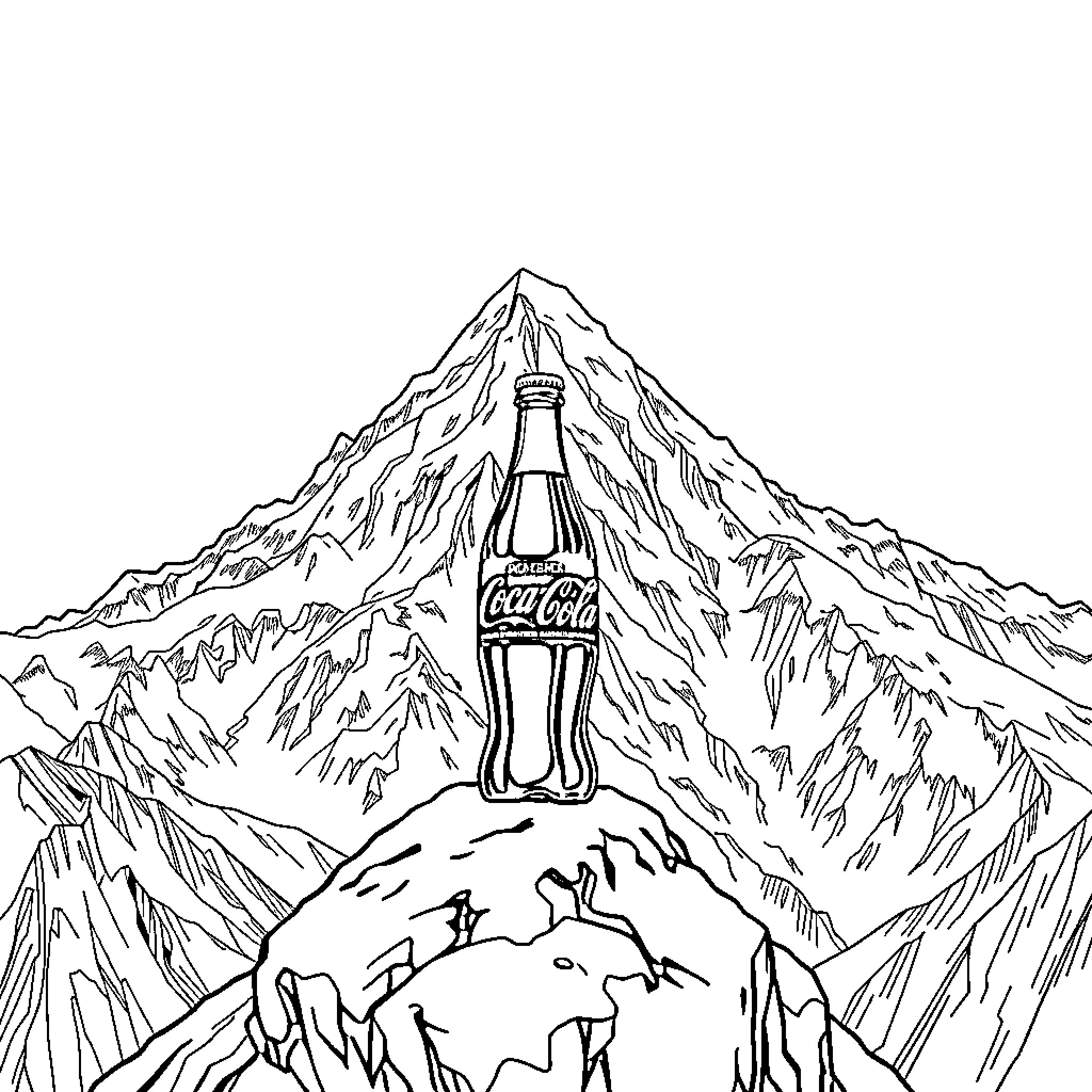 Everest Coca-Cola Bottle Atop the World Coloring Page (free black-and-white line drawing printable PDF for all, from beginners to advanced learners, including children, teens, adults, and seniors)