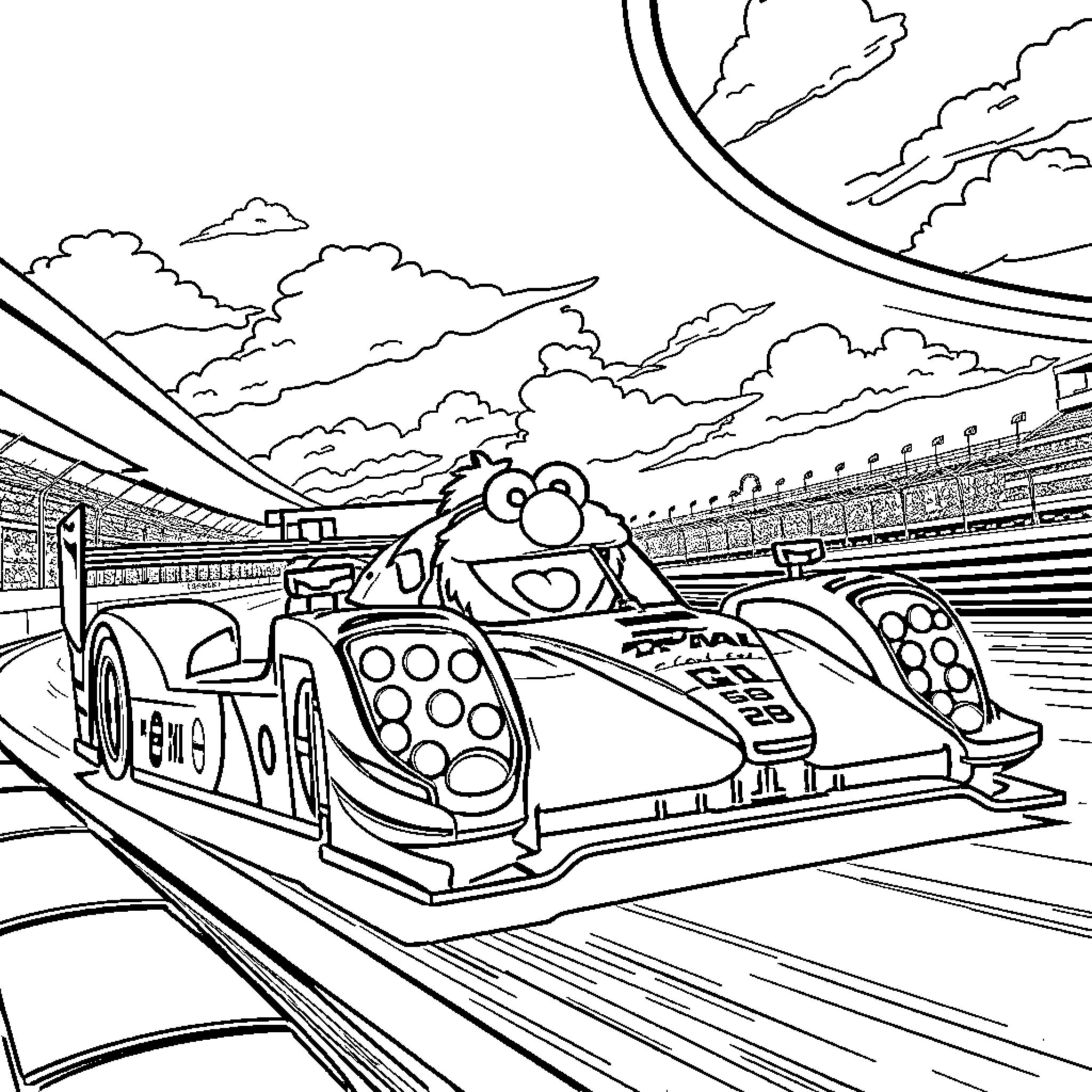 Elmo's High-Speed Racing Adventure Coloring Page (free black-and-white line drawing printable PDF for all, from beginners to advanced learners, including children, teens, adults, and seniors)