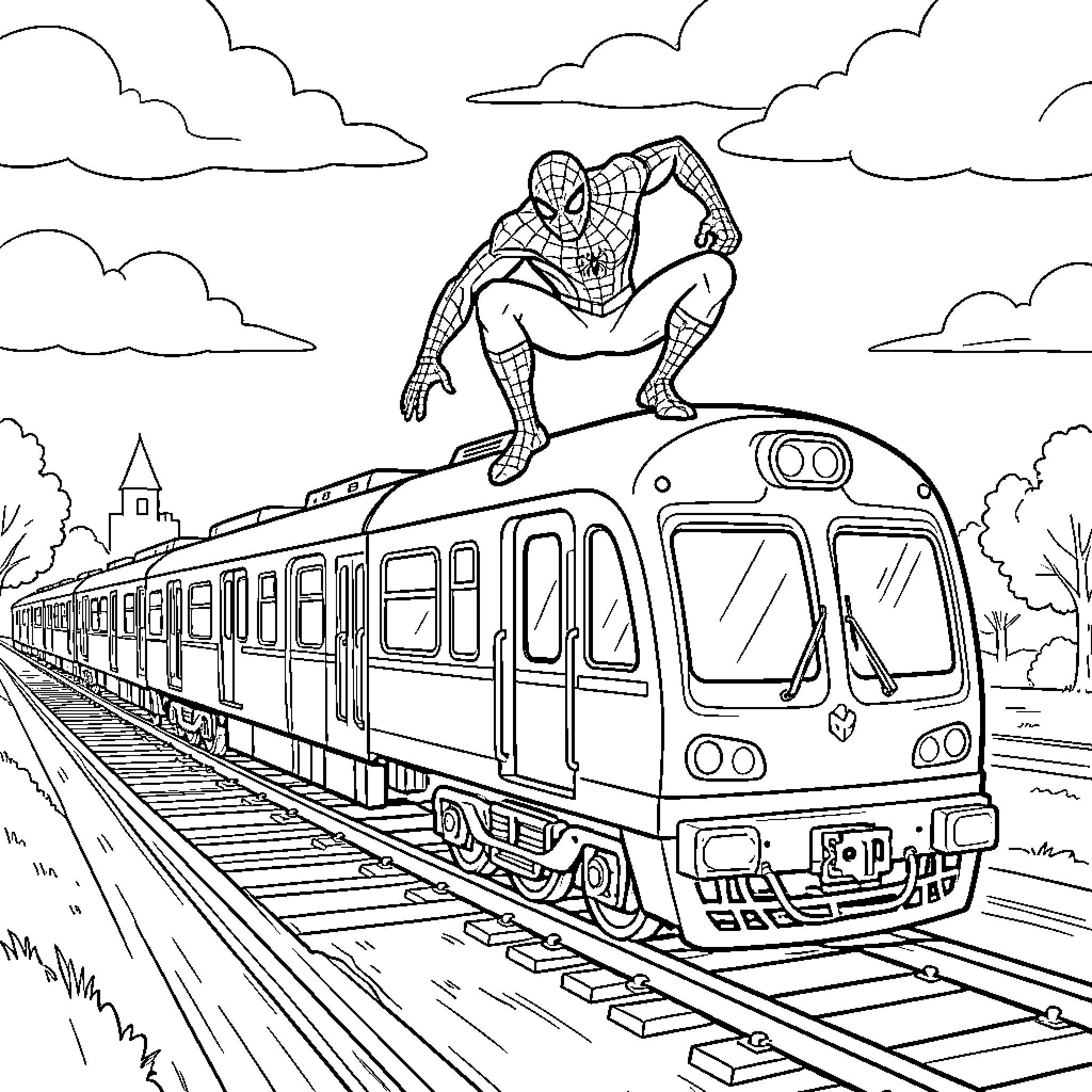 Spider-Man crouching atop a moving train Coloring Page (free black-and-white line drawing printable PDF for all, from beginners to advanced learners, including children, teens, adults, and seniors)
