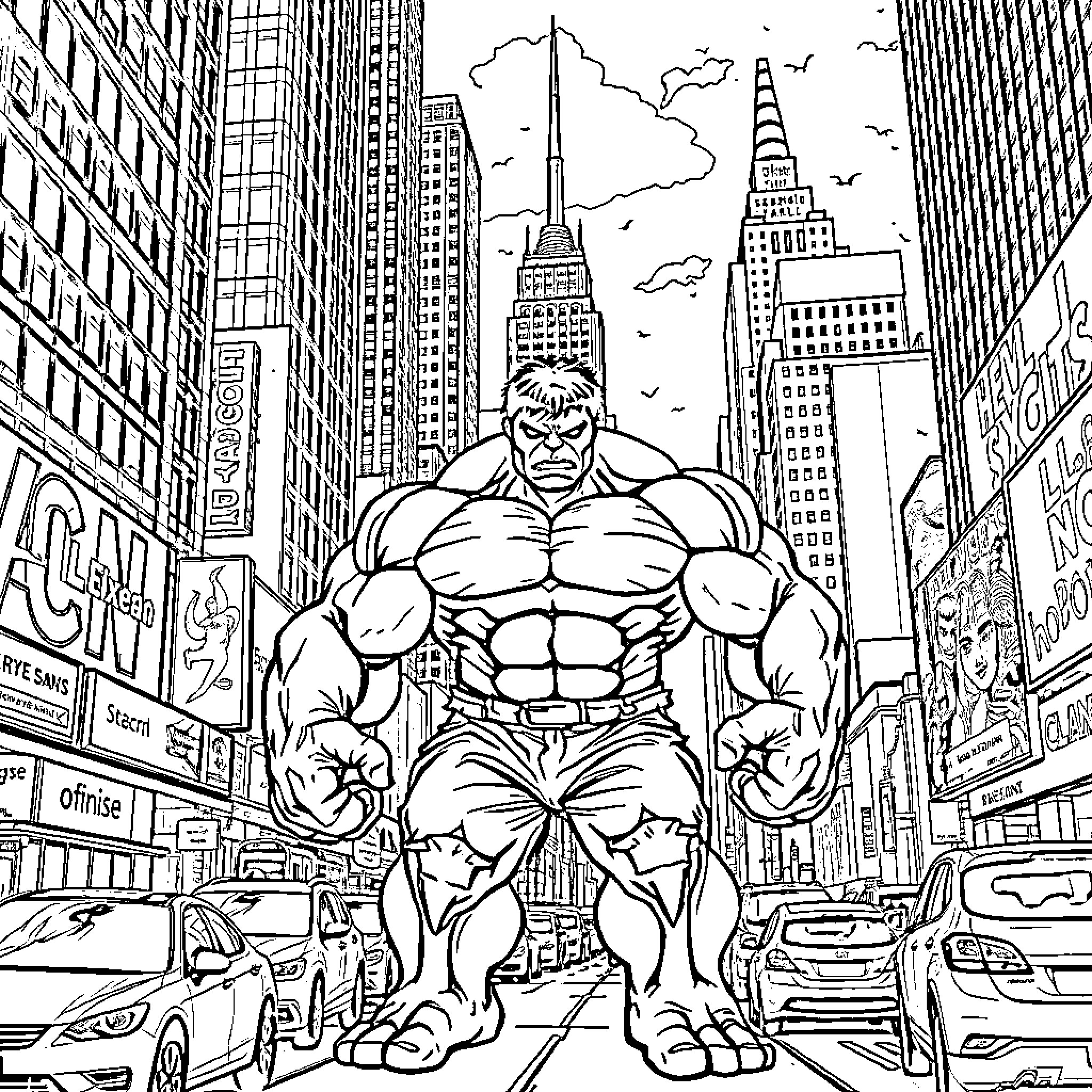 Hulk Rampages Through New York City Skyline Coloring Page (free black-and-white line drawing printable PDF for all, from beginners to advanced learners, including children, teens, adults, and seniors)