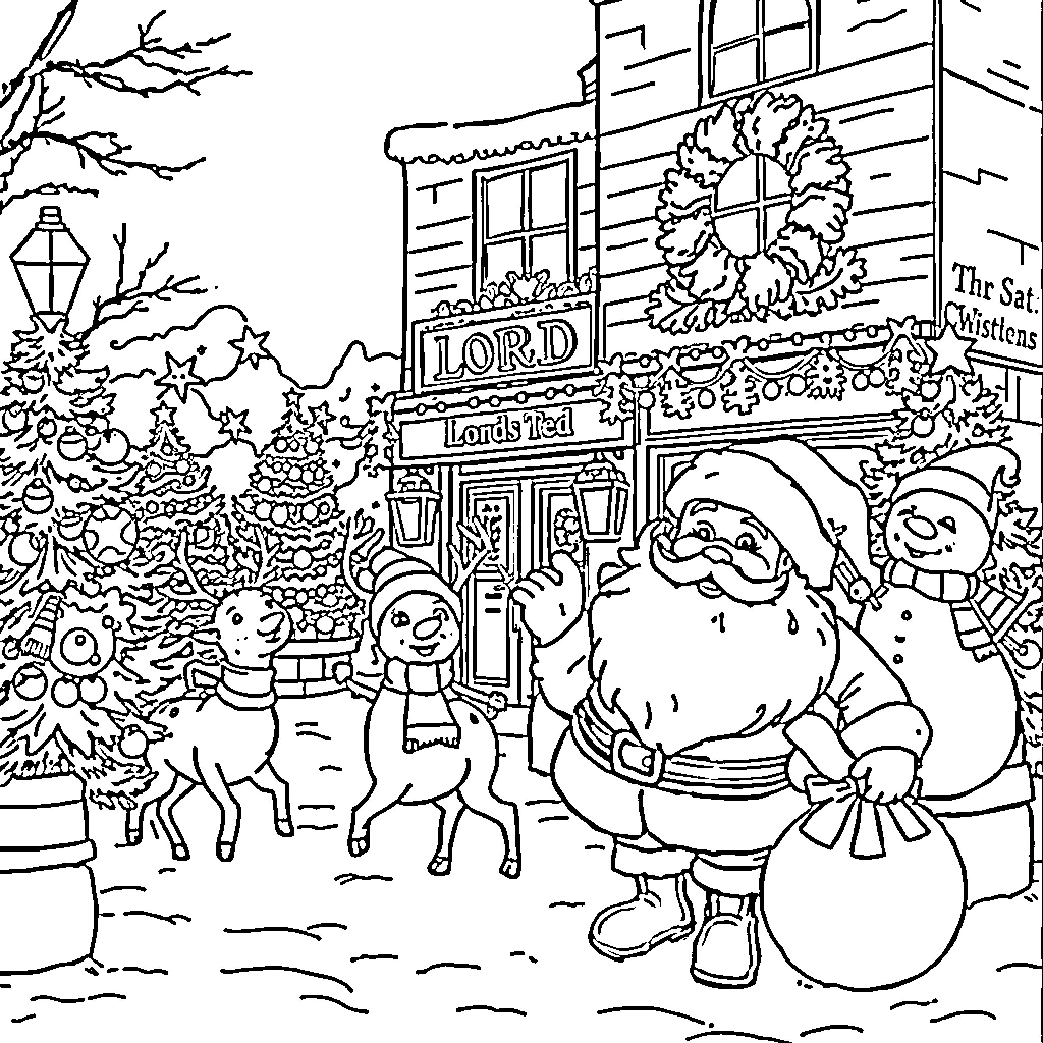 Christmas Scene with Santa and Festive Decorations Coloring Page (free black-and-white line drawing printable PDF for all, from beginners to advanced learners, including children, teens, adults, and seniors)