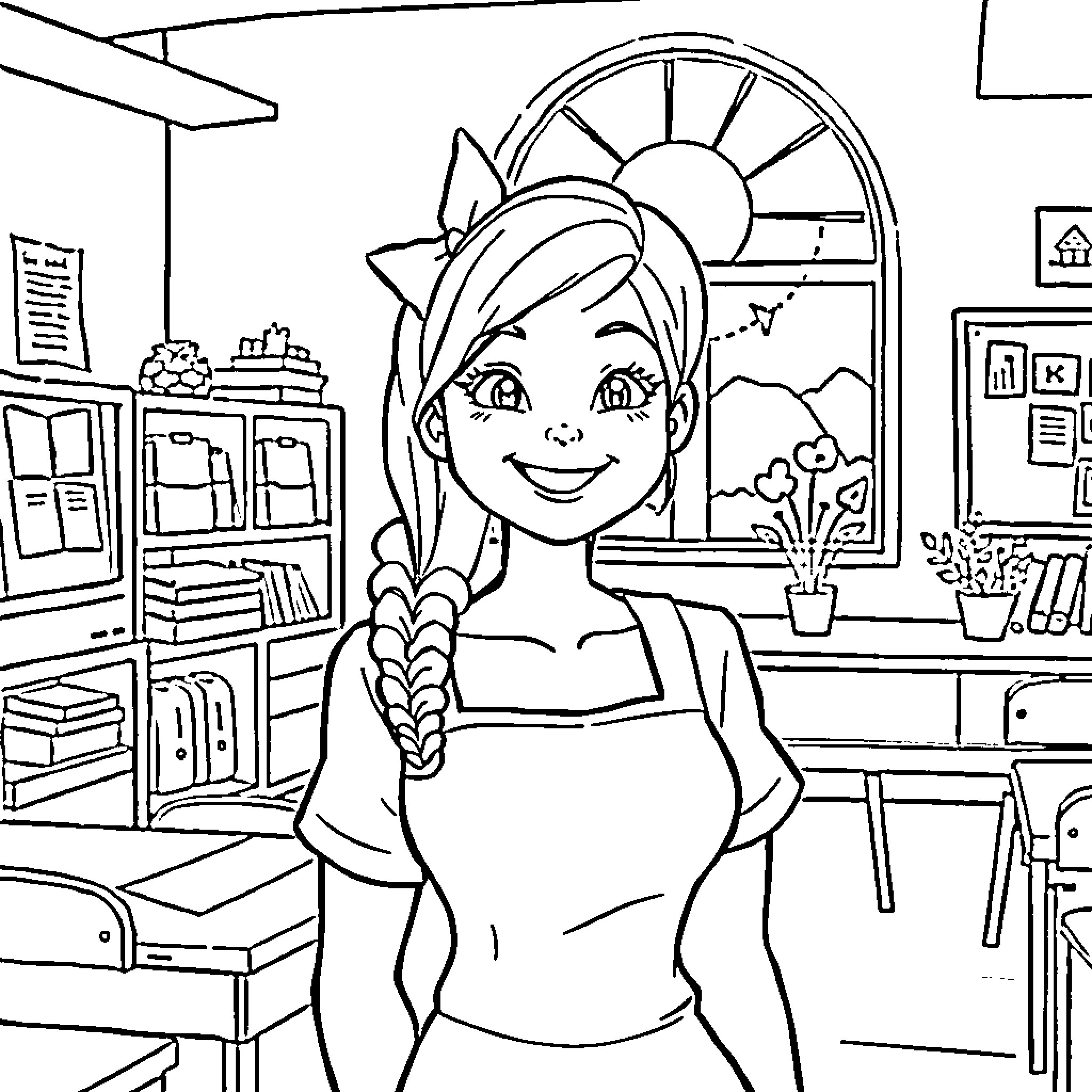 Miss Rachael Smiling in Her Cozy Classroom Coloring Page (free black-and-white line drawing printable PDF for all, from beginners to advanced learners, including children, teens, adults, and seniors)