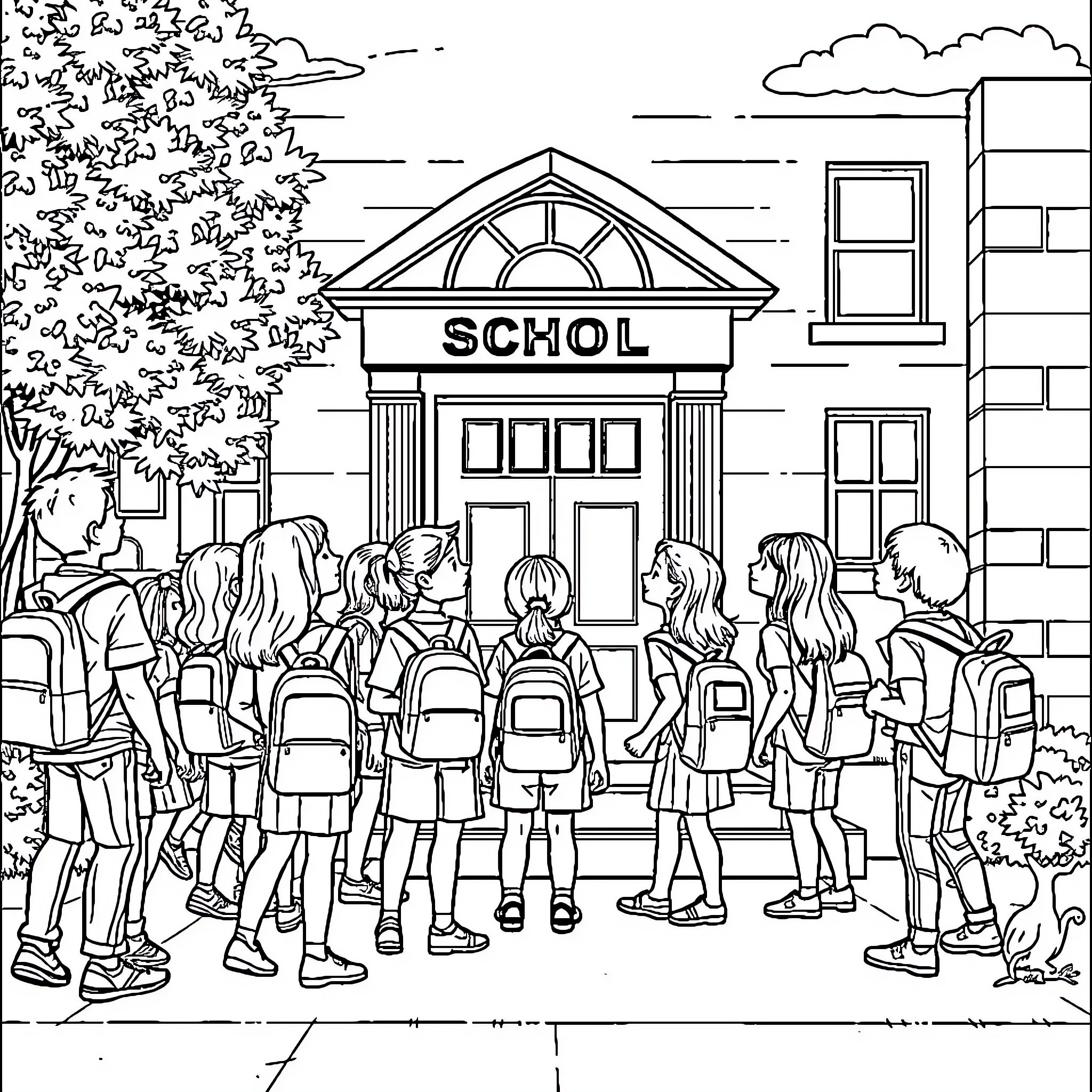 School Children Arriving at the Building Coloring Page (free black-and-white line drawing printable PDF for all, from beginners to advanced learners, including children, teens, adults, and seniors)