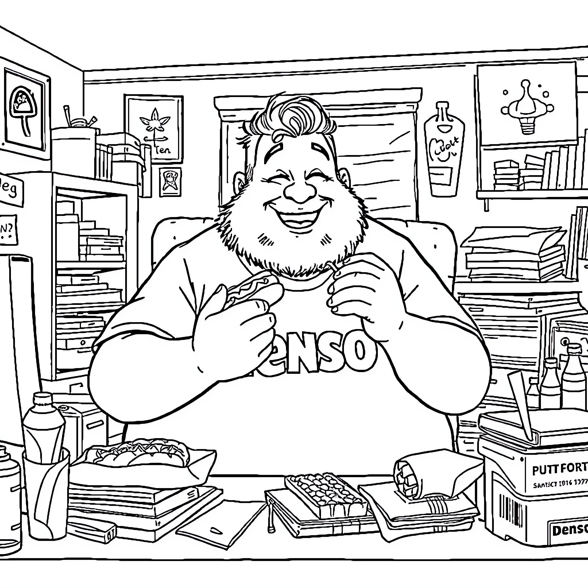 Guy happily working in his cluttered office space Coloring Page (free black-and-white line drawing printable PDF for all, from beginners to advanced learners, including children, teens, adults, and seniors)