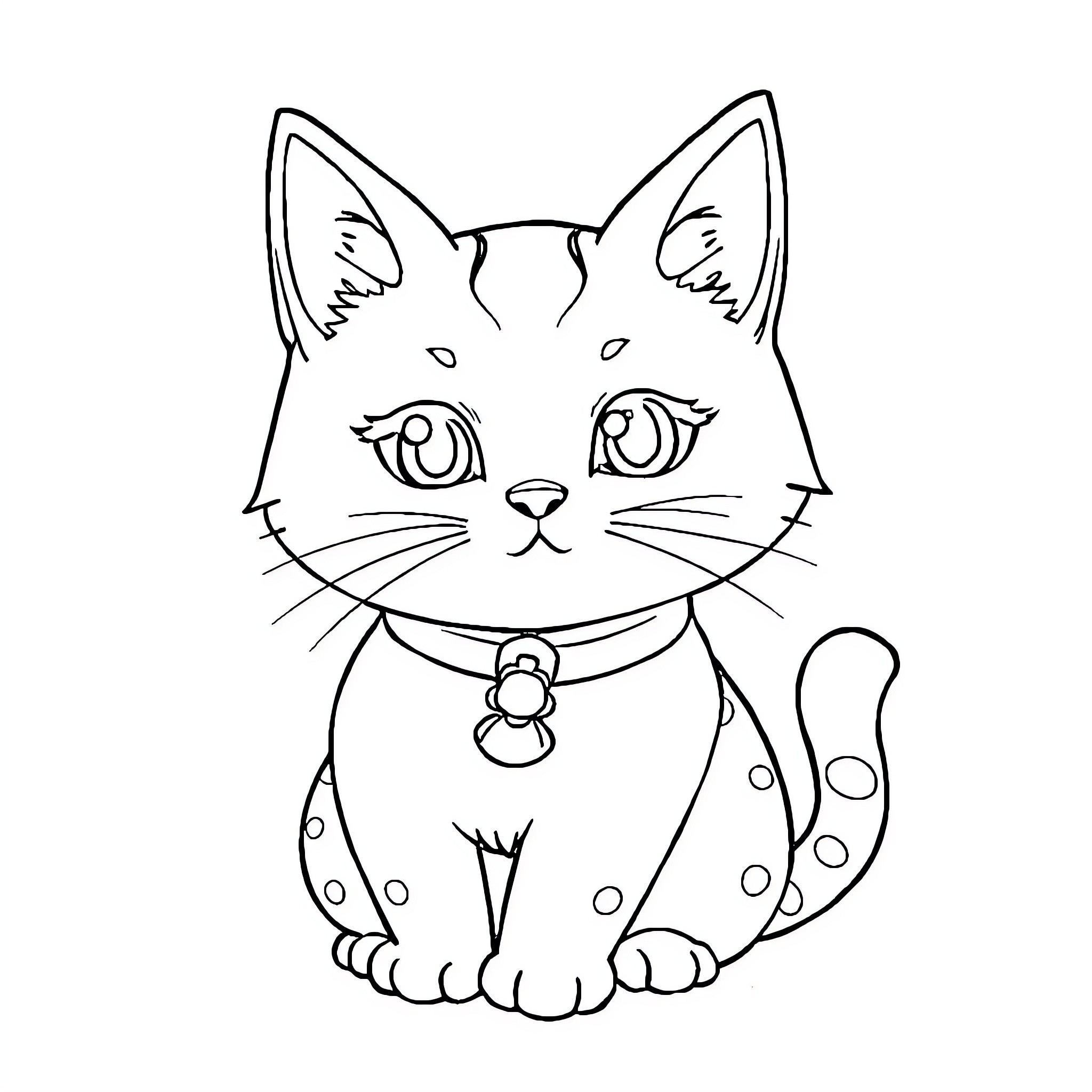Neko cat with adorable expression and collar Coloring Page (free black-and-white line drawing printable PDF for all, from beginners to advanced learners, including children, teens, adults, and seniors)