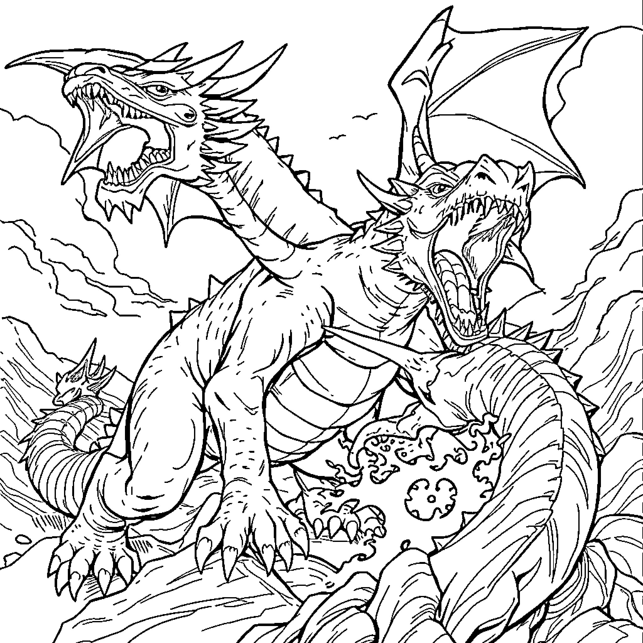 Dragons battling fiercely in a dramatic landscape Coloring Page (free black-and-white line drawing printable PDF for all, from beginners to advanced learners, including children, teens, adults, and seniors)