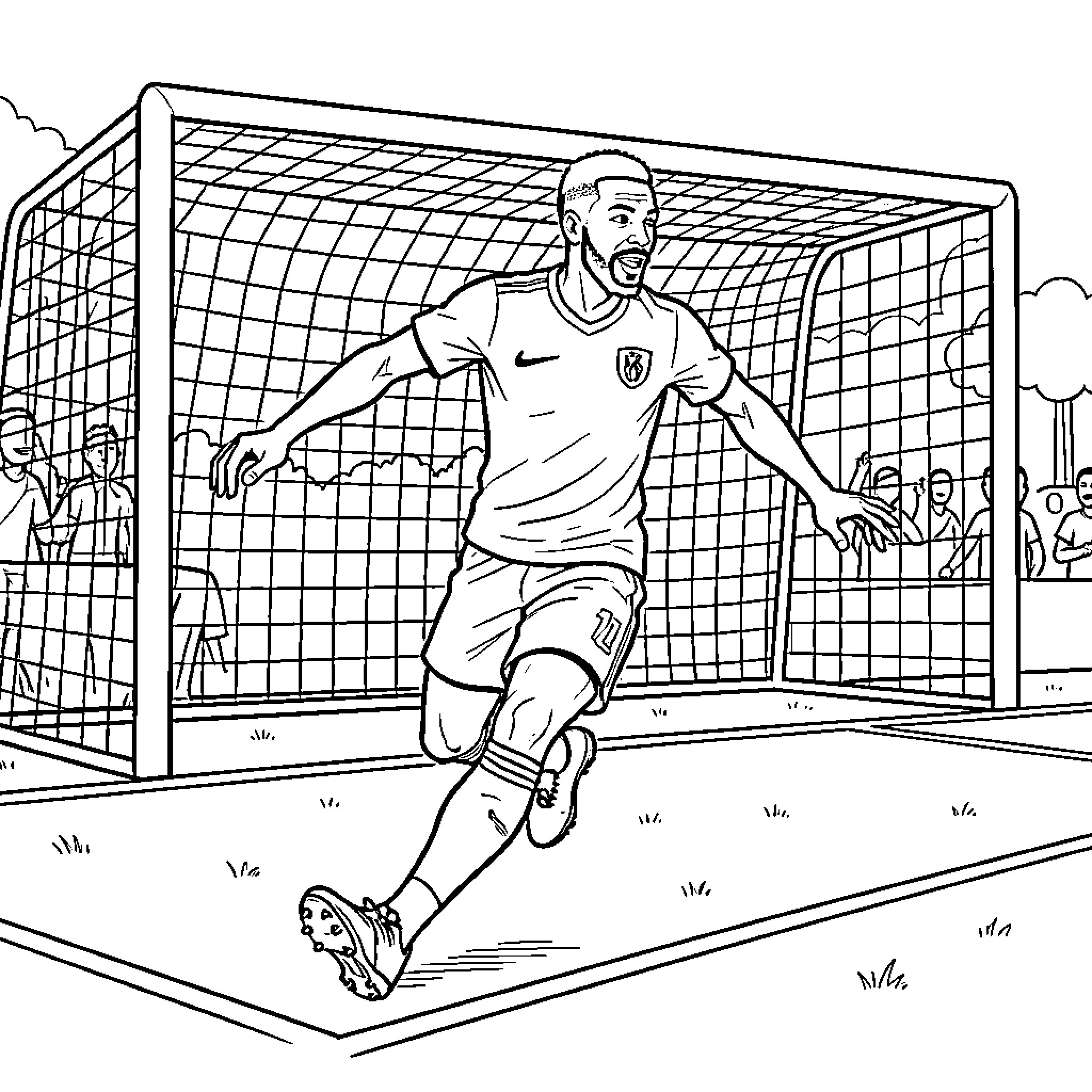 Sadio Mane celebrating a goal in front of a net Coloring Page (free black-and-white line drawing printable PDF for all, from beginners to advanced learners, including children, teens, adults, and seniors)