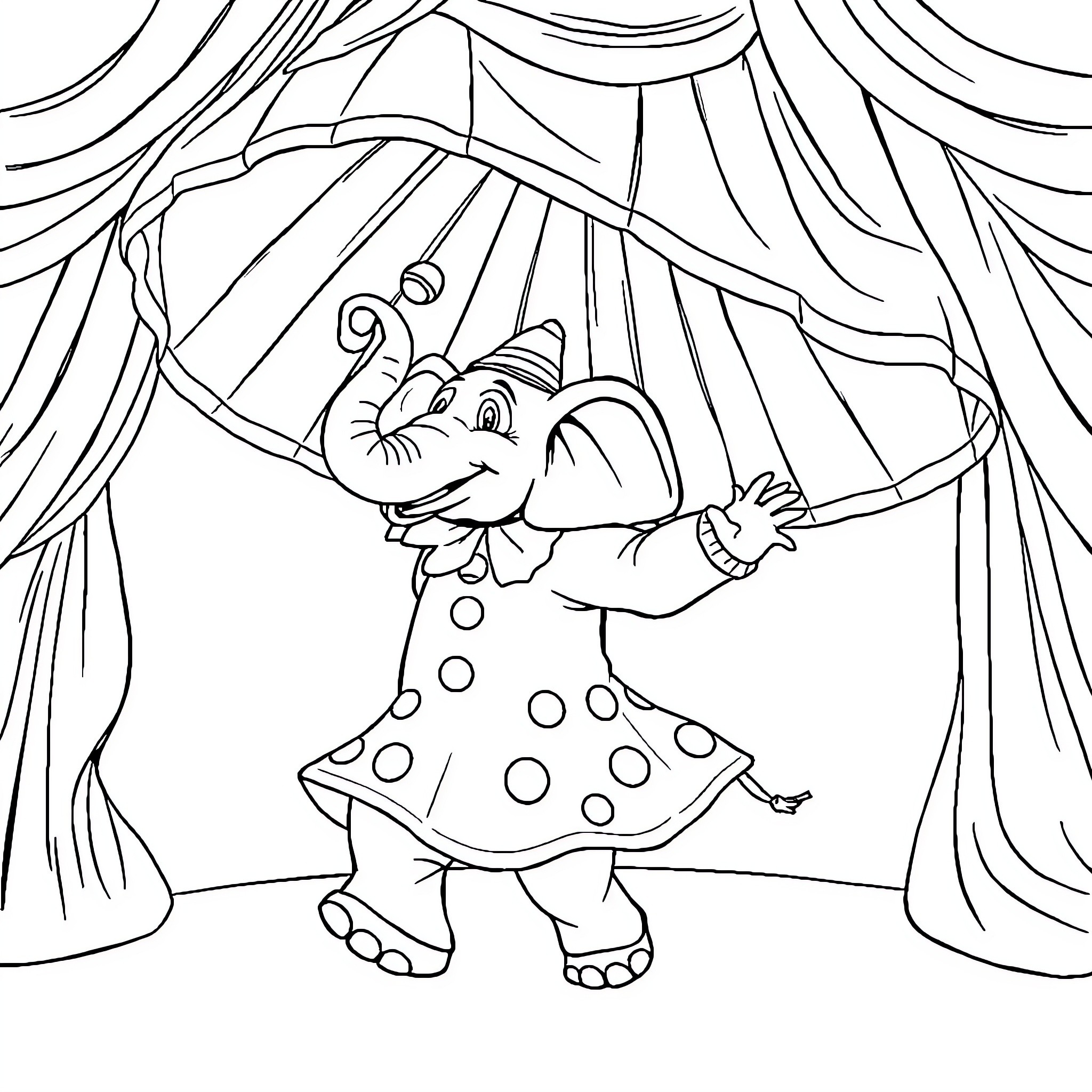 Elephant performer in a circus show Coloring Page (free black-and-white line drawing printable PDF for all, from beginners to advanced learners, including children, teens, adults, and seniors)