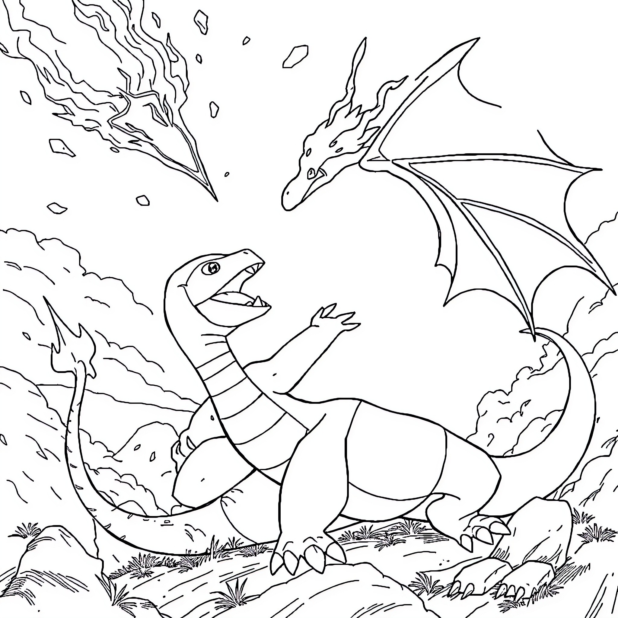 Leviator's Fierce Encounter with a Ferocious Reptile Coloring Page (free black-and-white line drawing printable PDF for all, from beginners to advanced learners, including children, teens, adults, and seniors)