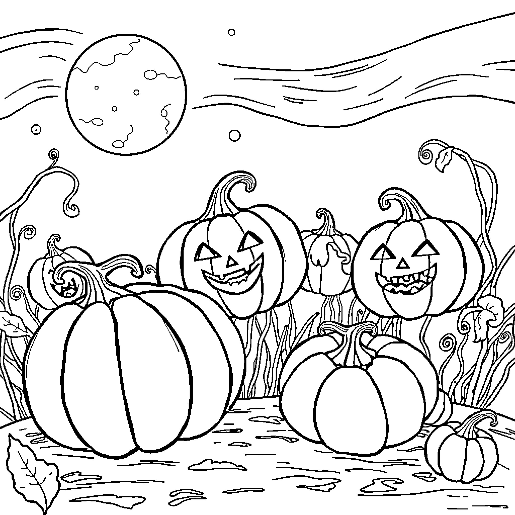 Pumpkin Patch Celebration under the Moonlight Coloring Page (free black-and-white line drawing printable PDF for all, from beginners to advanced learners, including children, teens, adults, and seniors)