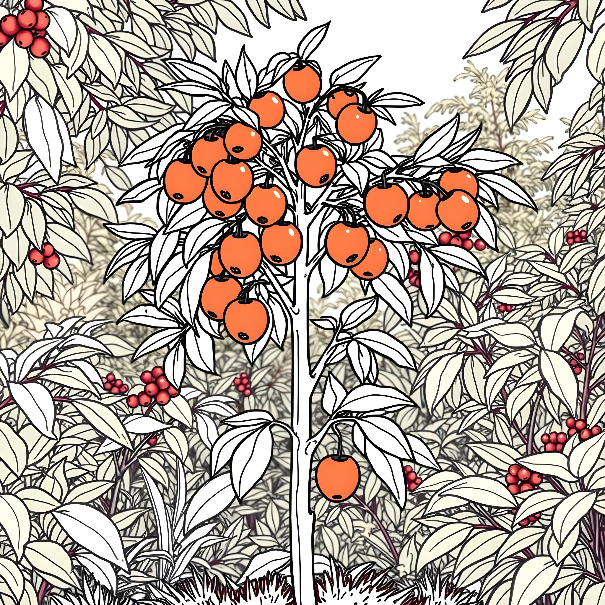 Sarguelas: Vibrant Fruit-Bearing Plant in a Lush Botanical Garden Coloring Page (free black-and-white line drawing printable PDF for all, from beginners to advanced learners, including children, teens, adults, and seniors)