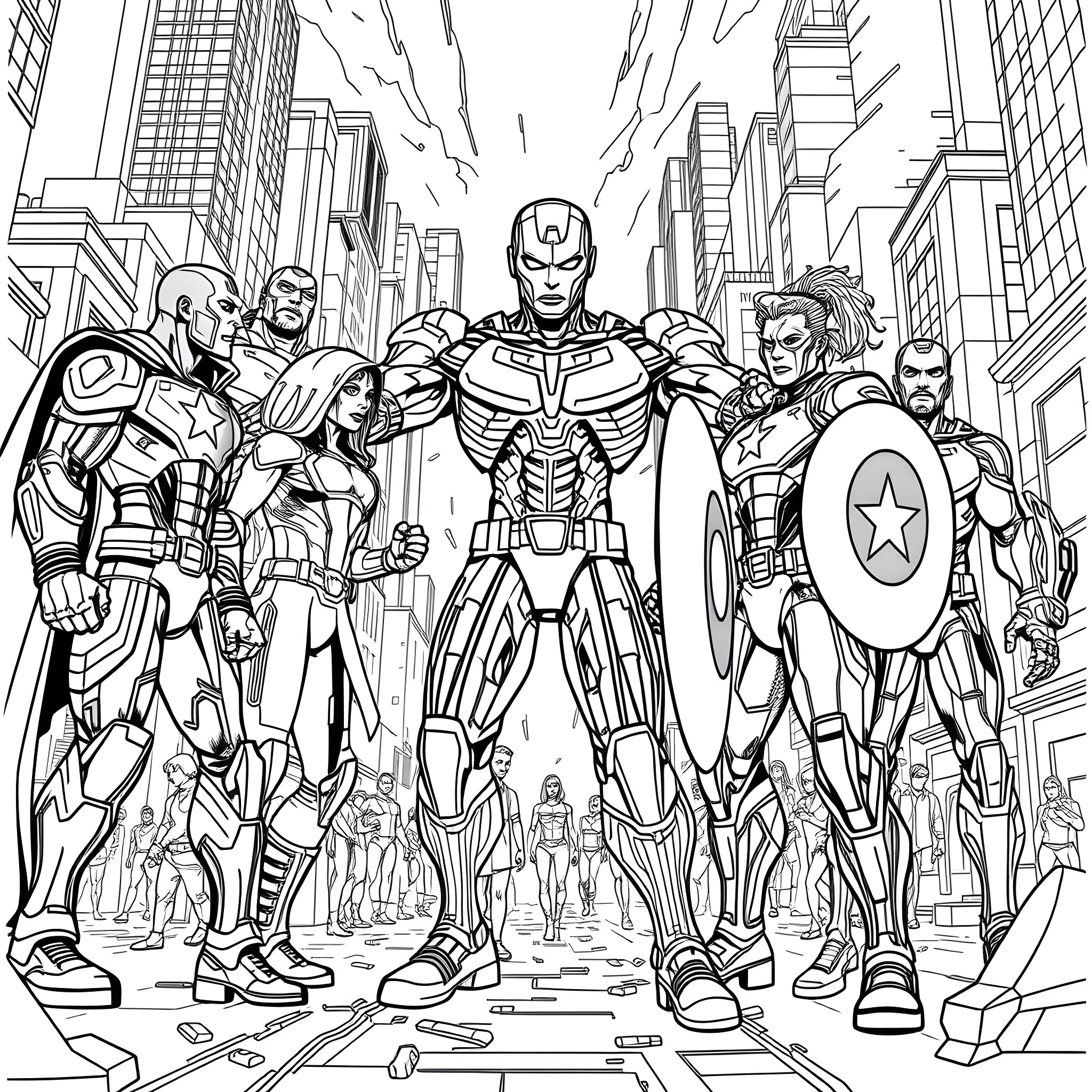 Avenger Heroes Assembling in the City Coloring Page (free black-and-white line drawing printable PDF for all, from beginners to advanced learners, including children, teens, adults, and seniors)