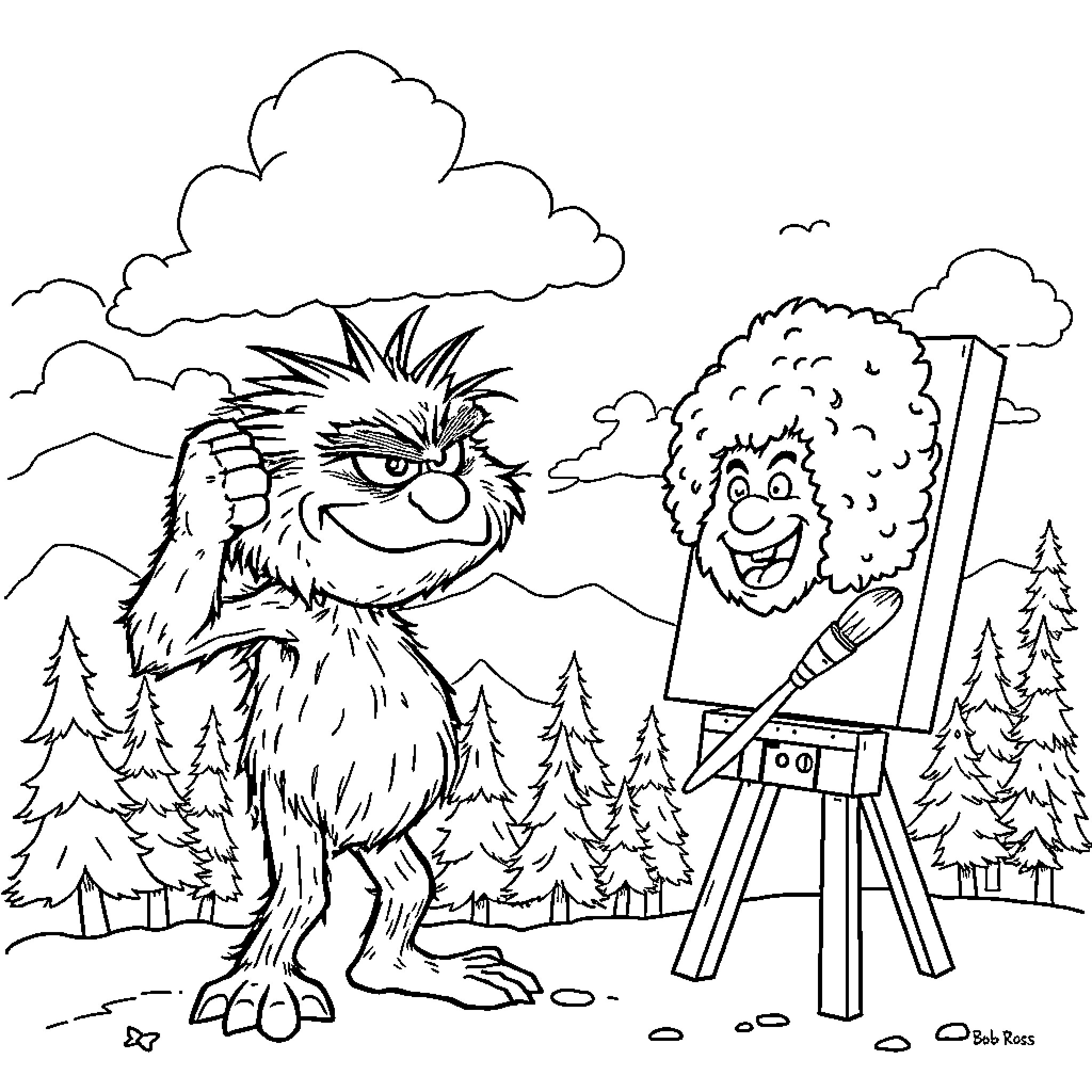 Oscar the Painting Monster Creates a Masterpiece Coloring Page (free black-and-white line drawing printable PDF for all, from beginners to advanced learners, including children, teens, adults, and seniors)