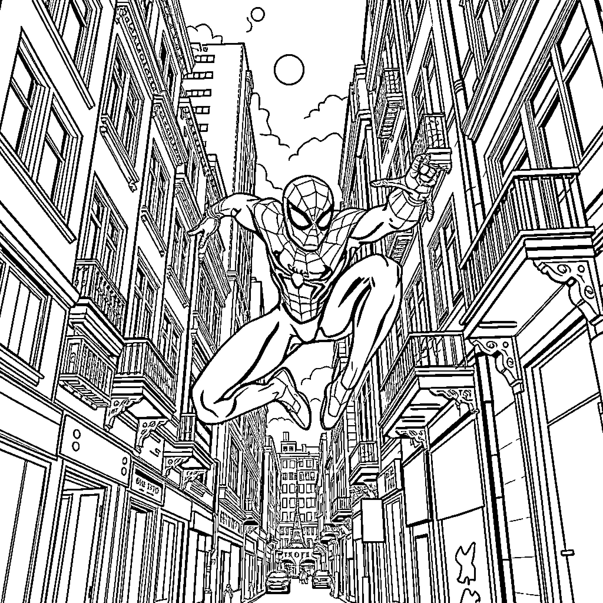 Spiderman swinging through the city streets Coloring Page (free black-and-white line drawing printable PDF for all, from beginners to advanced learners, including children, teens, adults, and seniors)