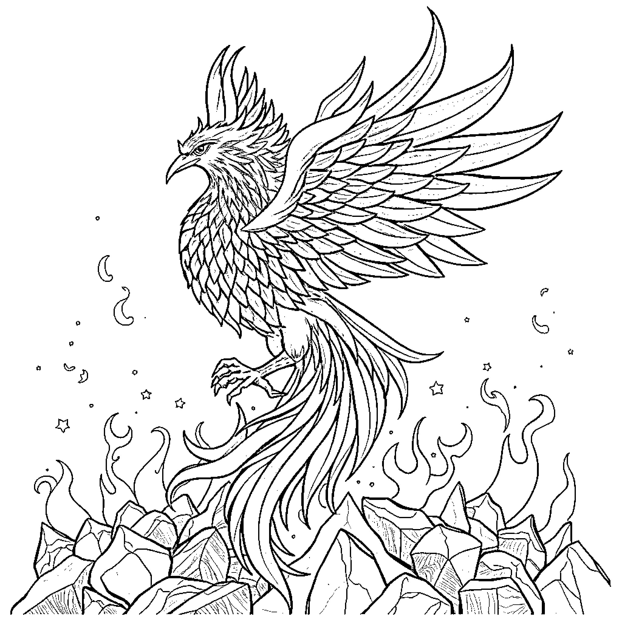 Phoenix rising from the ashes in a mystical landscape Coloring Page (free black-and-white line drawing printable PDF for all, from beginners to advanced learners, including children, teens, adults, and seniors)