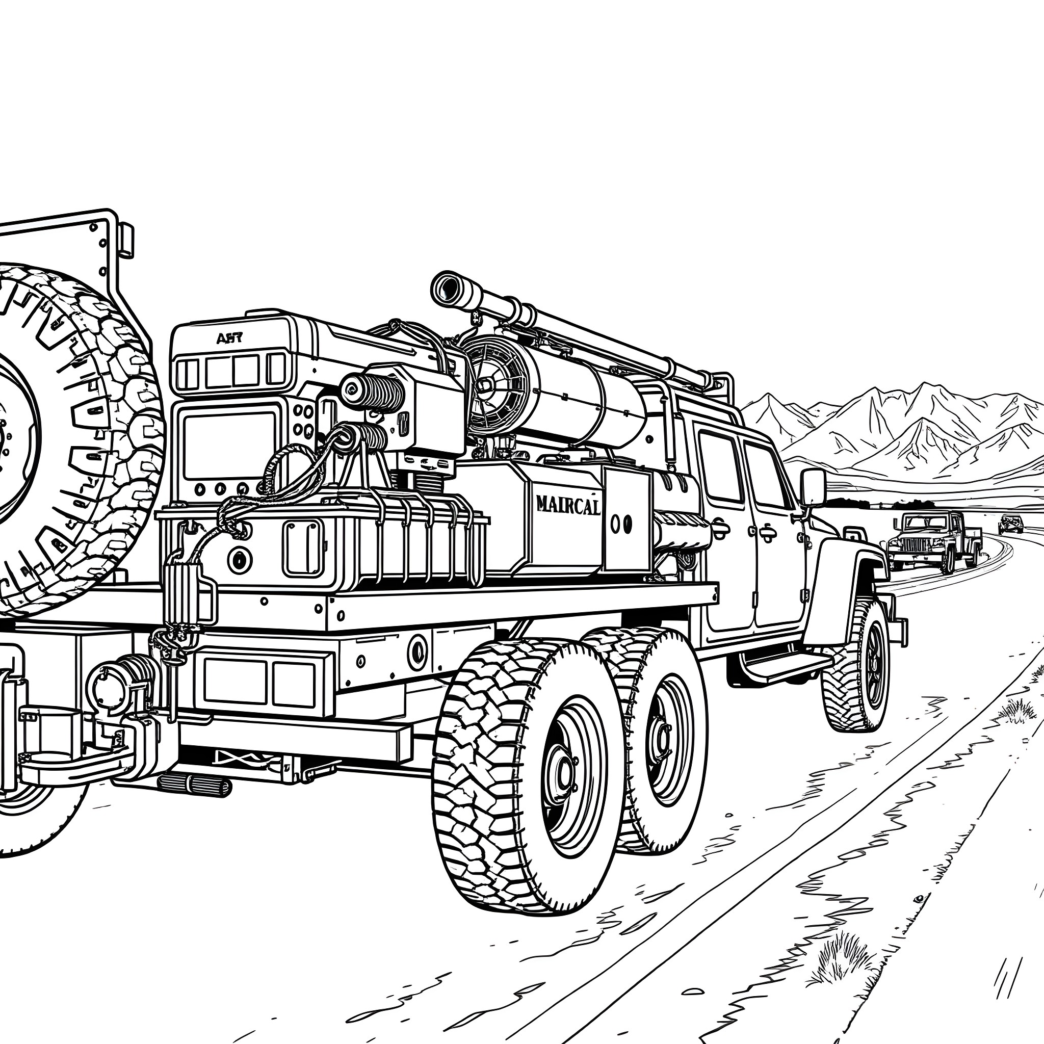 Car Trailer hauling heavy-duty equipment in mountainous terrain Coloring Page (free black-and-white line drawing printable PDF for all, from beginners to advanced learners, including children, teens, adults, and seniors)