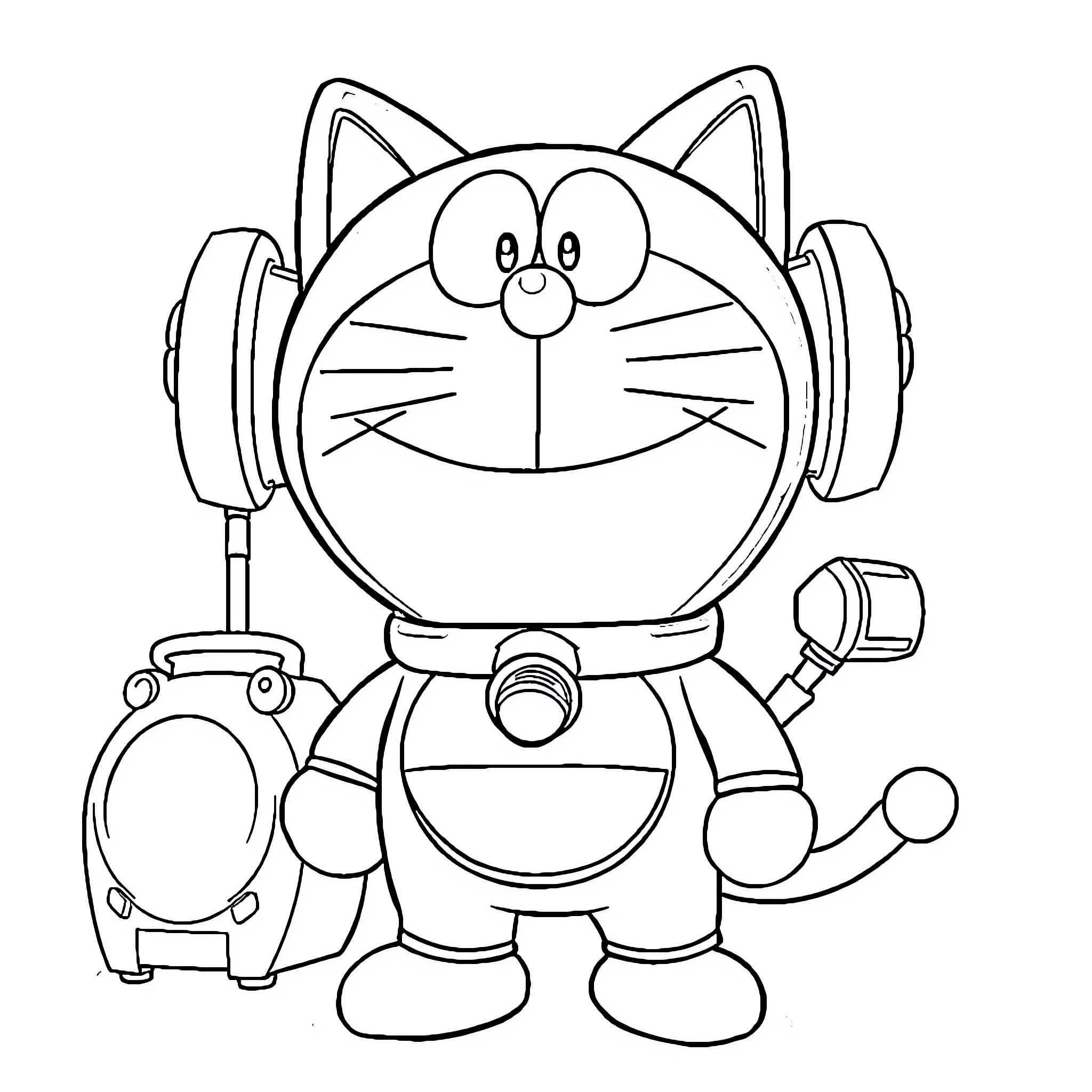 Doraemon wearing headphones and holding tools Coloring Page (free black-and-white line drawing printable PDF for all, from beginners to advanced learners, including children, teens, adults, and seniors)