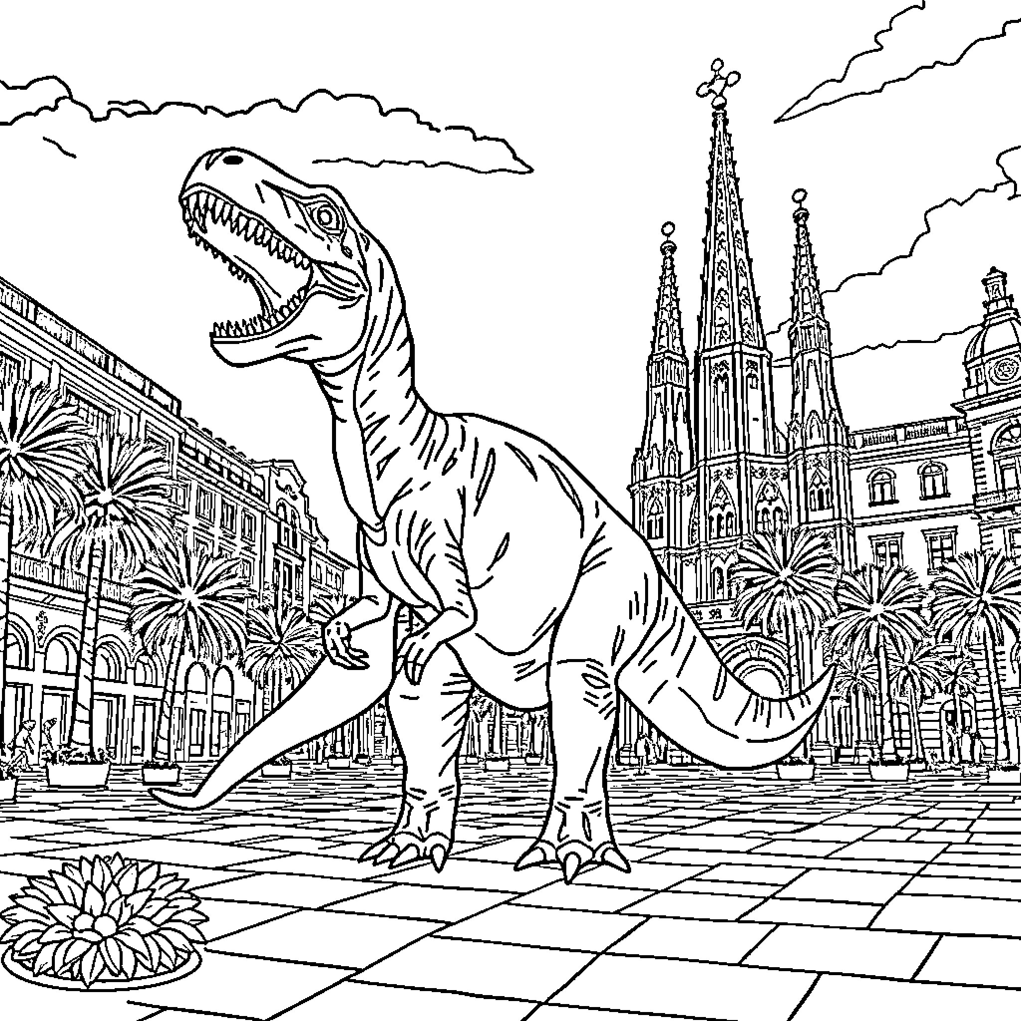 Dinosaur roams in front of historic buildings Coloring Page (free black-and-white line drawing printable PDF for all, from beginners to advanced learners, including children, teens, adults, and seniors)