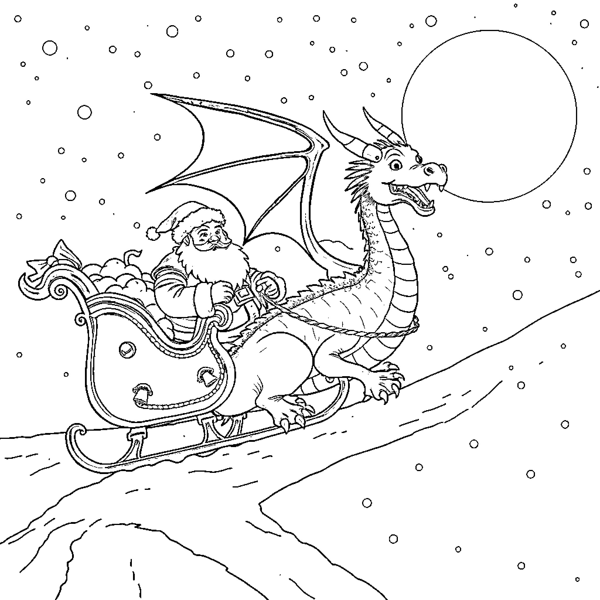 Sleigh ride with a fantastical dragon companion Coloring Page (free black-and-white line drawing printable PDF for all, from beginners to advanced learners, including children, teens, adults, and seniors)
