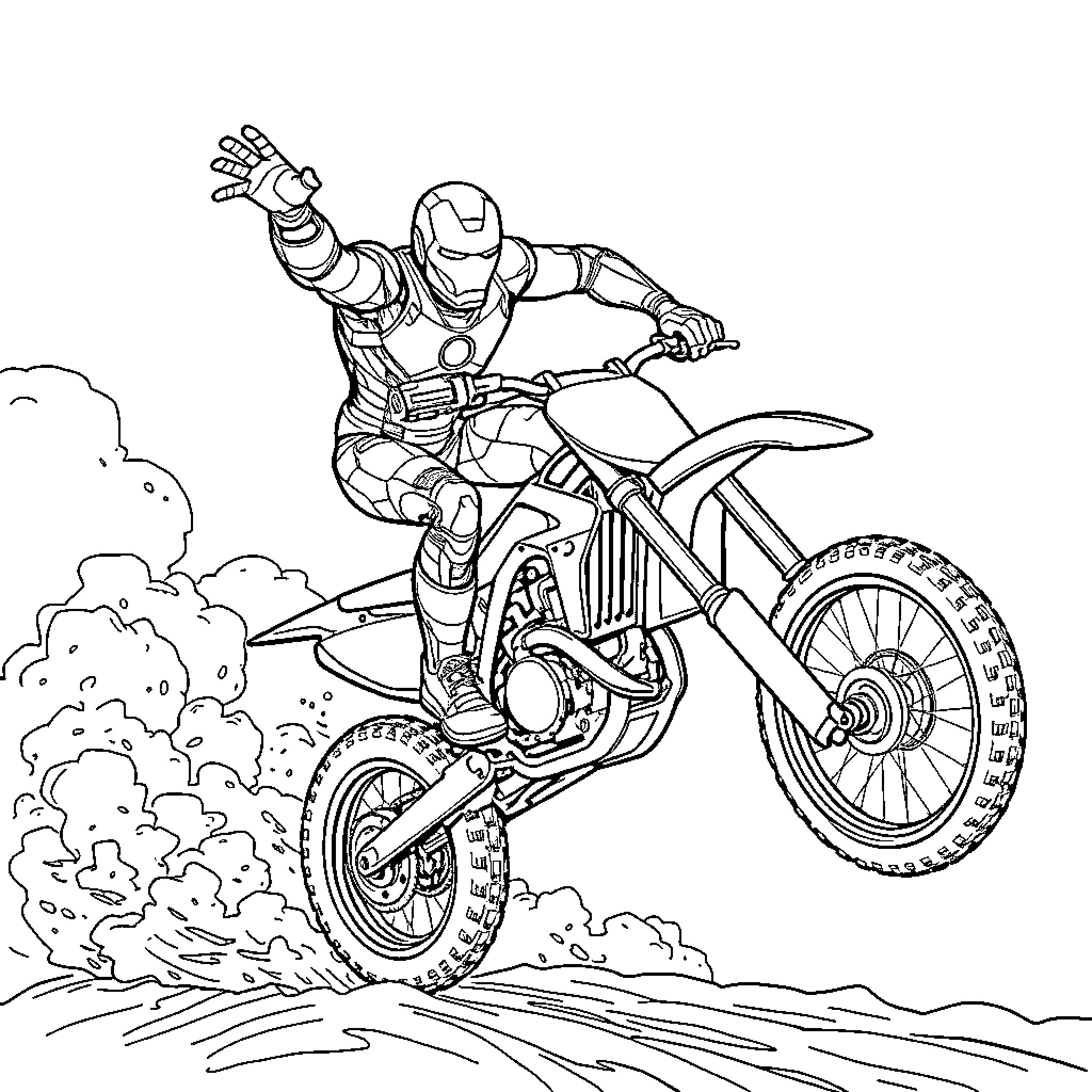 Ironman motocross adventurer takes flight Coloring Page (free black-and-white line drawing printable PDF for all, from beginners to advanced learners, including children, teens, adults, and seniors)