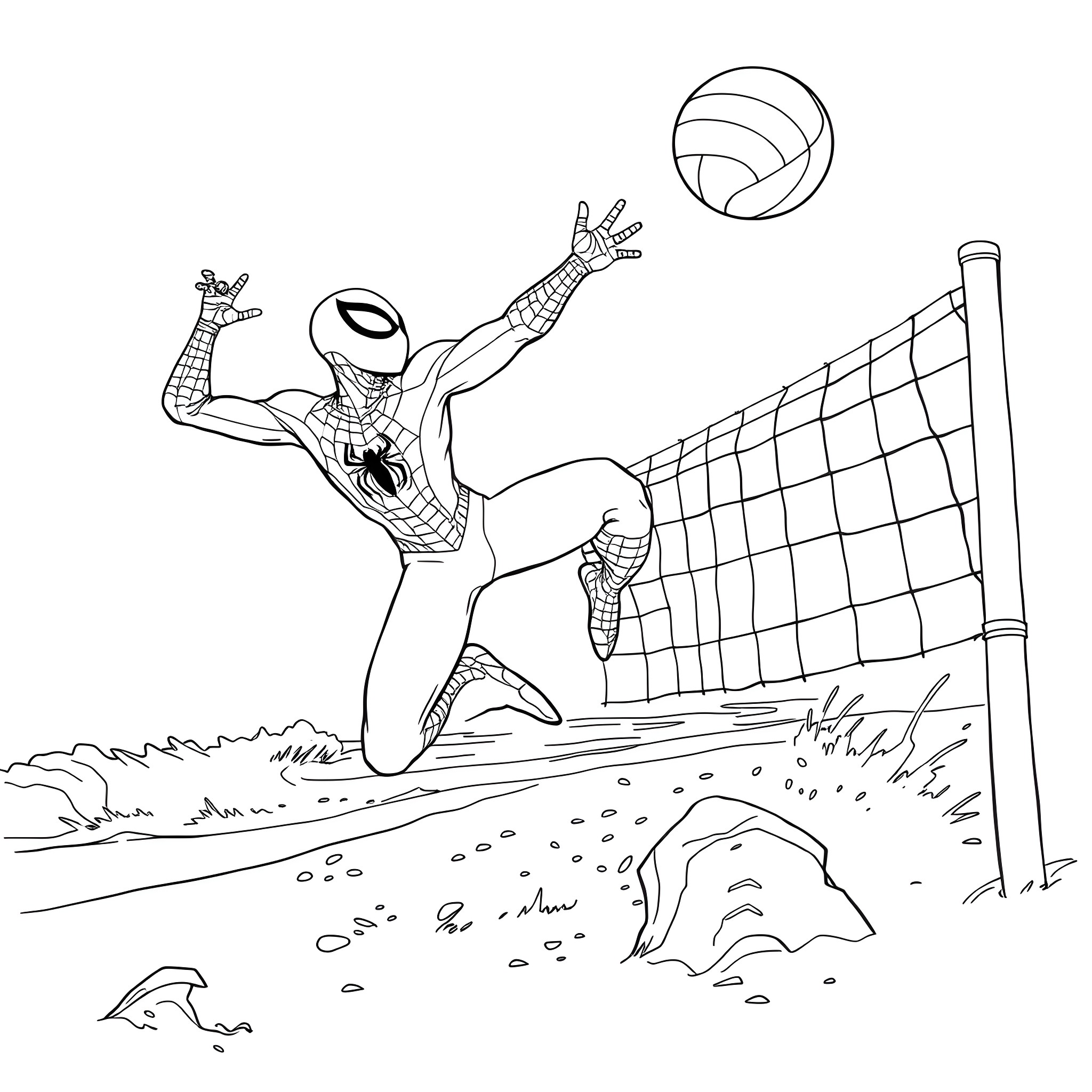 Spider-Man Playing Volleyball at the Beach Coloring Page (free black-and-white line drawing printable PDF for all, from beginners to advanced learners, including children, teens, adults, and seniors)