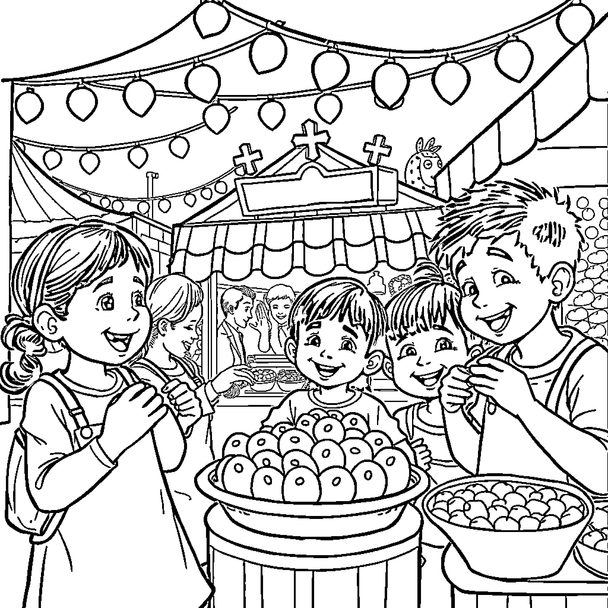 Children Celebrating at a Party with Treats Coloring Page (free black-and-white line drawing printable PDF for all, from beginners to advanced learners, including children, teens, adults, and seniors)
