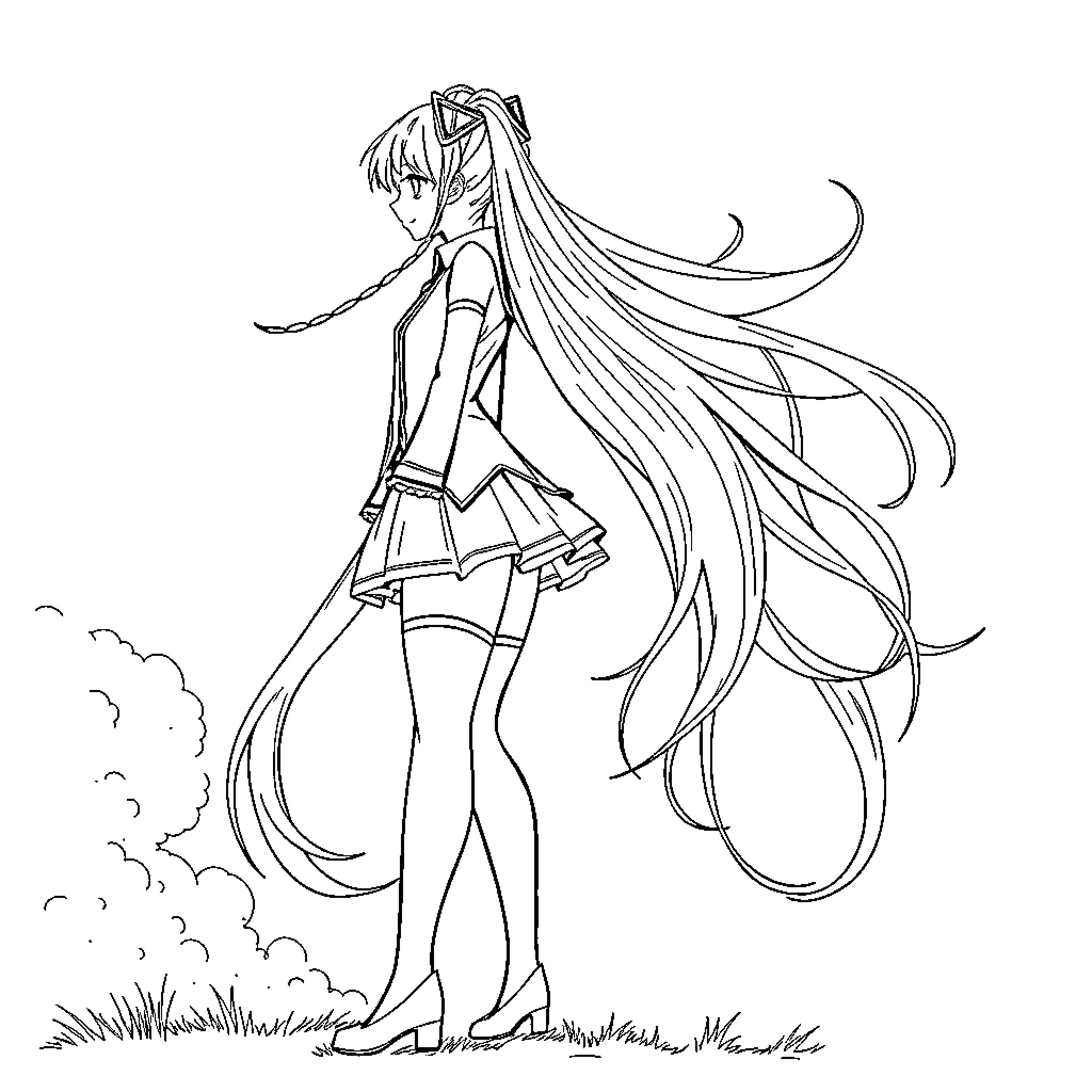 Hatsune Miku in a Playful Outdoor Pose Coloring Page (free black-and-white line drawing printable PDF for all, from beginners to advanced learners, including children, teens, adults, and seniors)