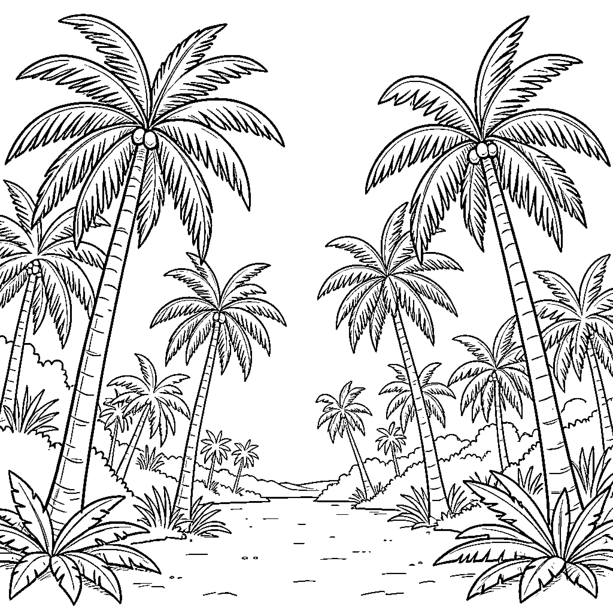 Tropical Landscape with Towering Palm Trees Coloring Page (free black-and-white line drawing printable PDF for all, from beginners to advanced learners, including children, teens, adults, and seniors)
