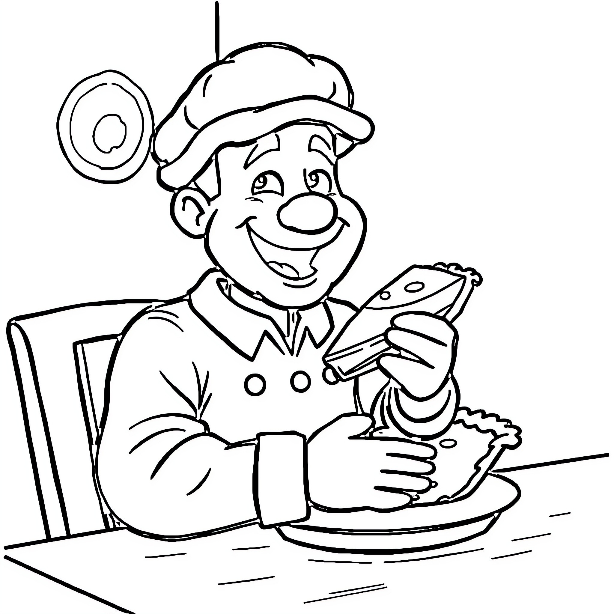 Pi Man enjoying a tasty snack Coloring Page (free black-and-white line drawing printable PDF for all, from beginners to advanced learners, including children, teens, adults, and seniors)