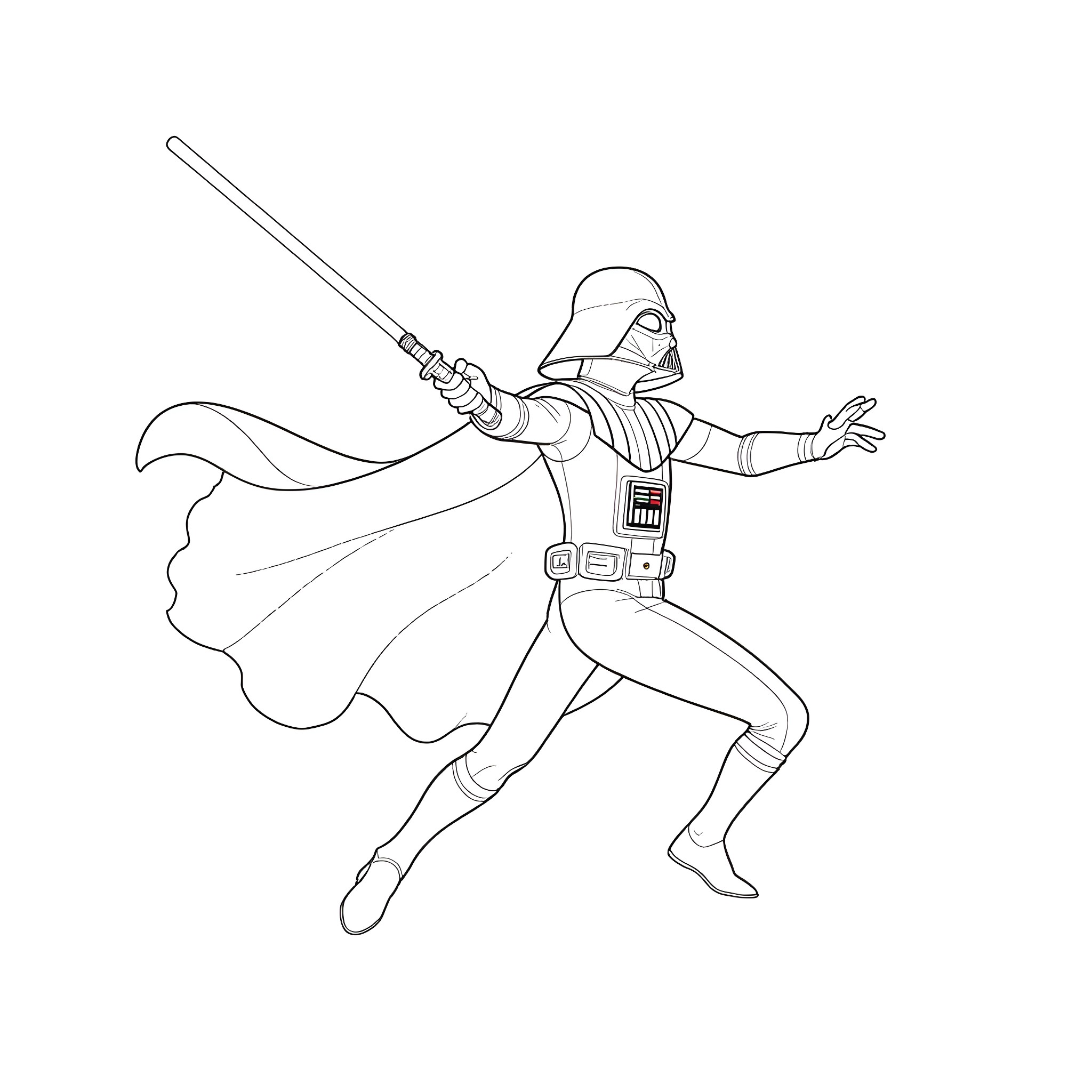 Darth Vader wielding lightsaber in action pose Coloring Page (free black-and-white line drawing printable PDF for all, from beginners to advanced learners, including children, teens, adults, and seniors)