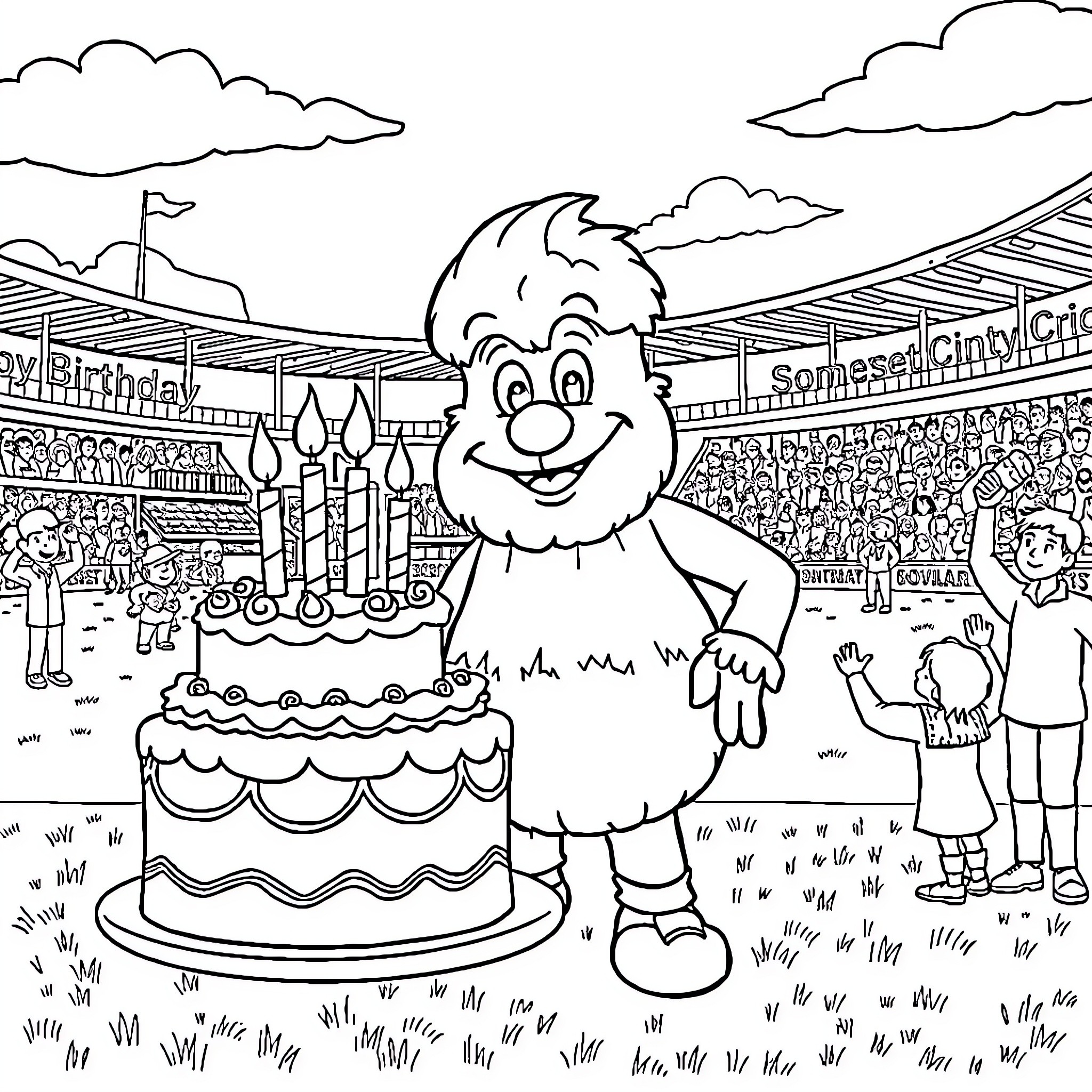 Stumpy's Birthday Celebration at the Carnival Coloring Page (free black-and-white line drawing printable PDF for all, from beginners to advanced learners, including children, teens, adults, and seniors)