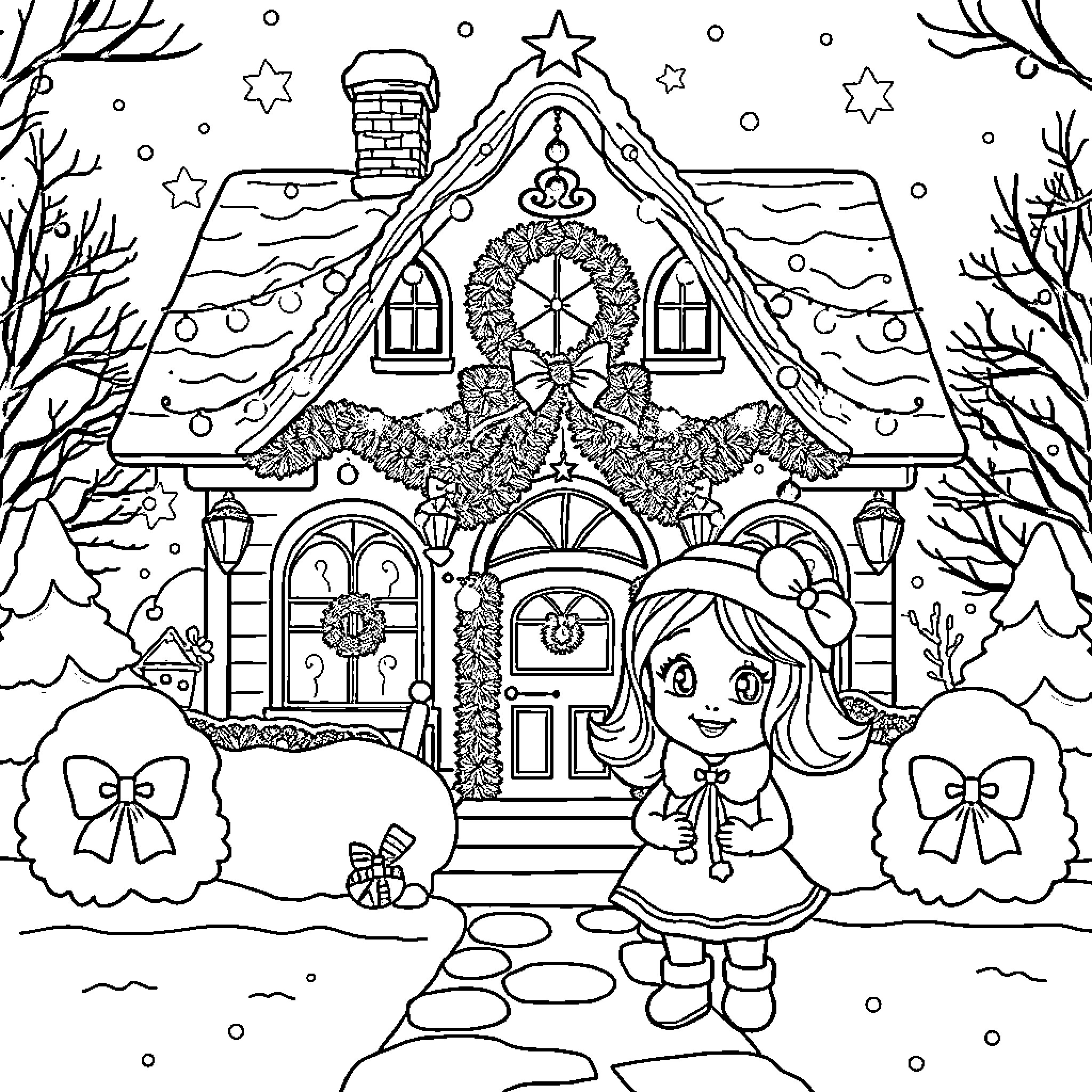 Gabby's Snowy Winter Cottage Adventure Coloring Page (free black-and-white line drawing printable PDF for all, from beginners to advanced learners, including children, teens, adults, and seniors)