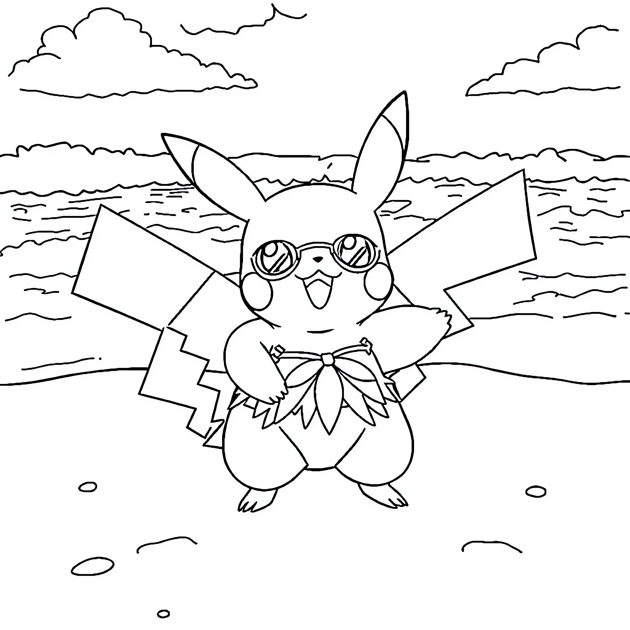 Pikachu playing with letters by the ocean Coloring Page (free black-and-white line drawing printable PDF for all, from beginners to advanced learners, including children, teens, adults, and seniors)