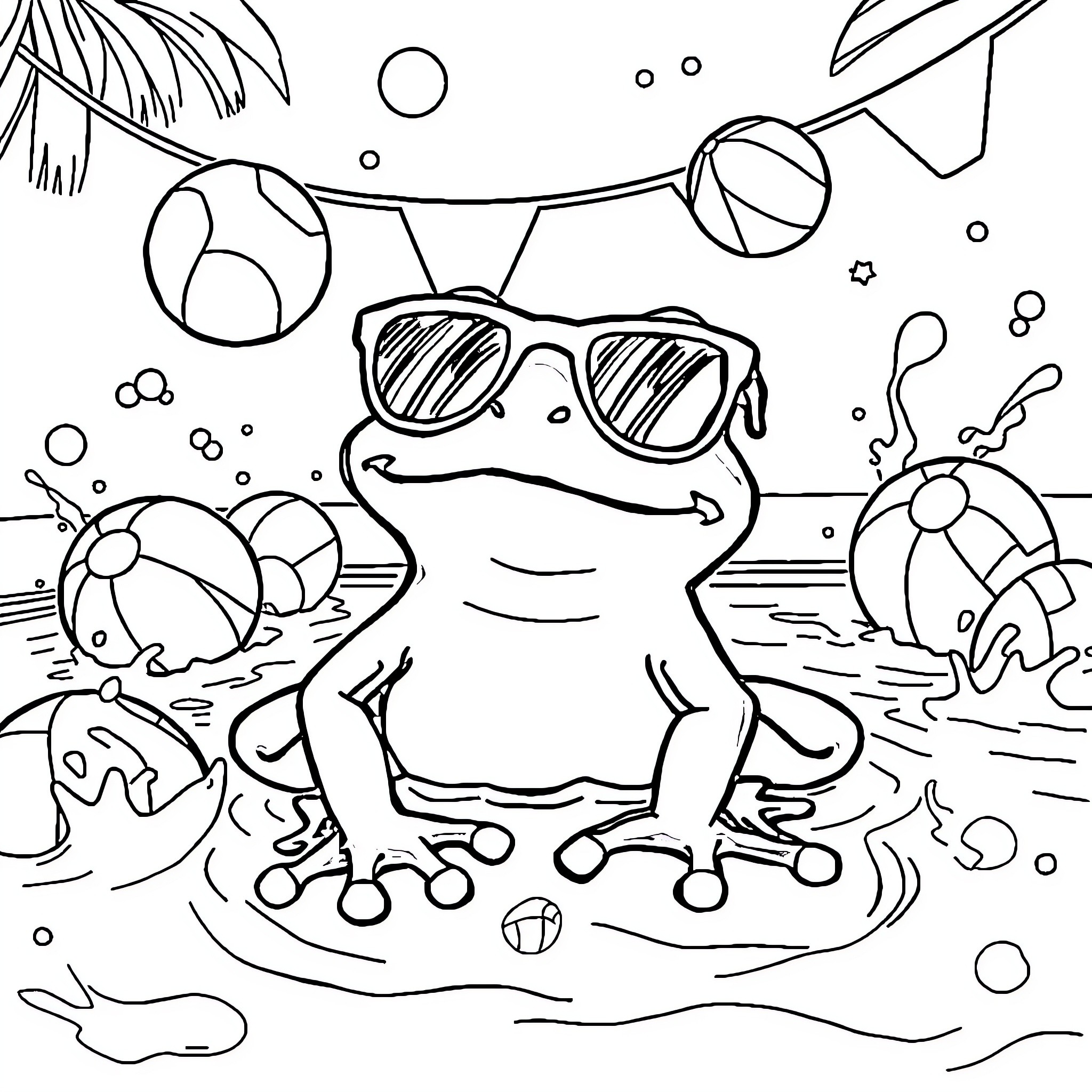 Frog relaxing on the beach with sunglasses Coloring Page (free black-and-white line drawing printable PDF for all, from beginners to advanced learners, including children, teens, adults, and seniors)