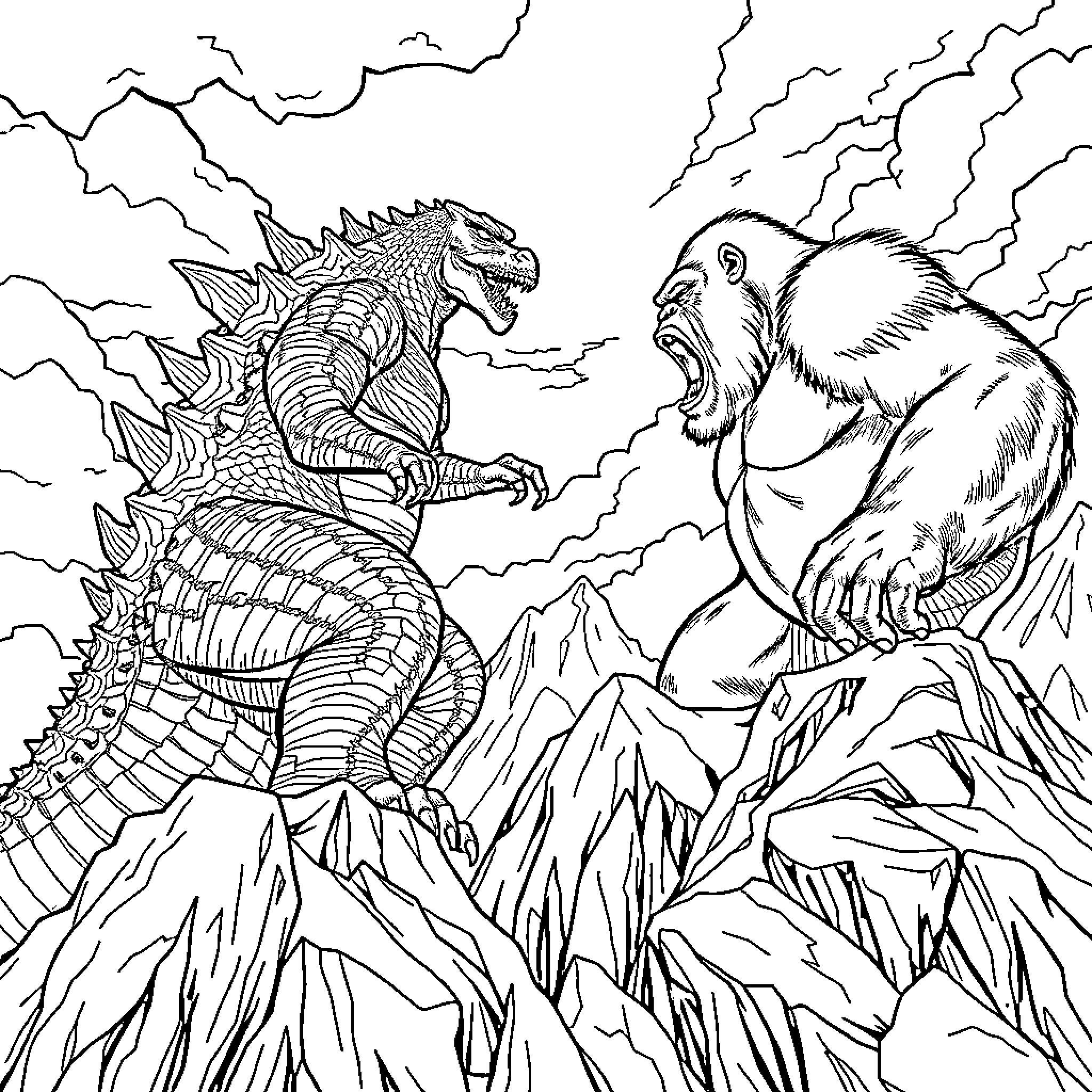 Godzilla vs. Mighty Beast Battle in the Mountains Coloring Page (free black-and-white line drawing printable PDF for all, from beginners to advanced learners, including children, teens, adults, and seniors)