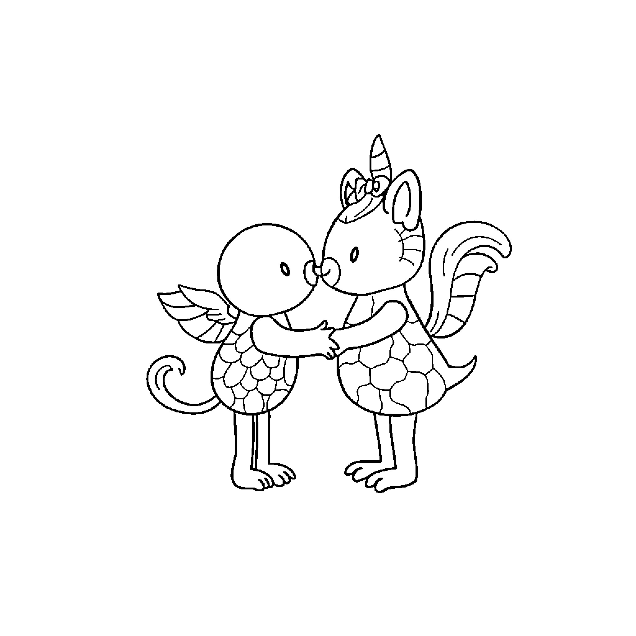Book of Mystical Creatures Hugging Coloring Page (free black-and-white line drawing printable PDF for all, from beginners to advanced learners, including children, teens, adults, and seniors)