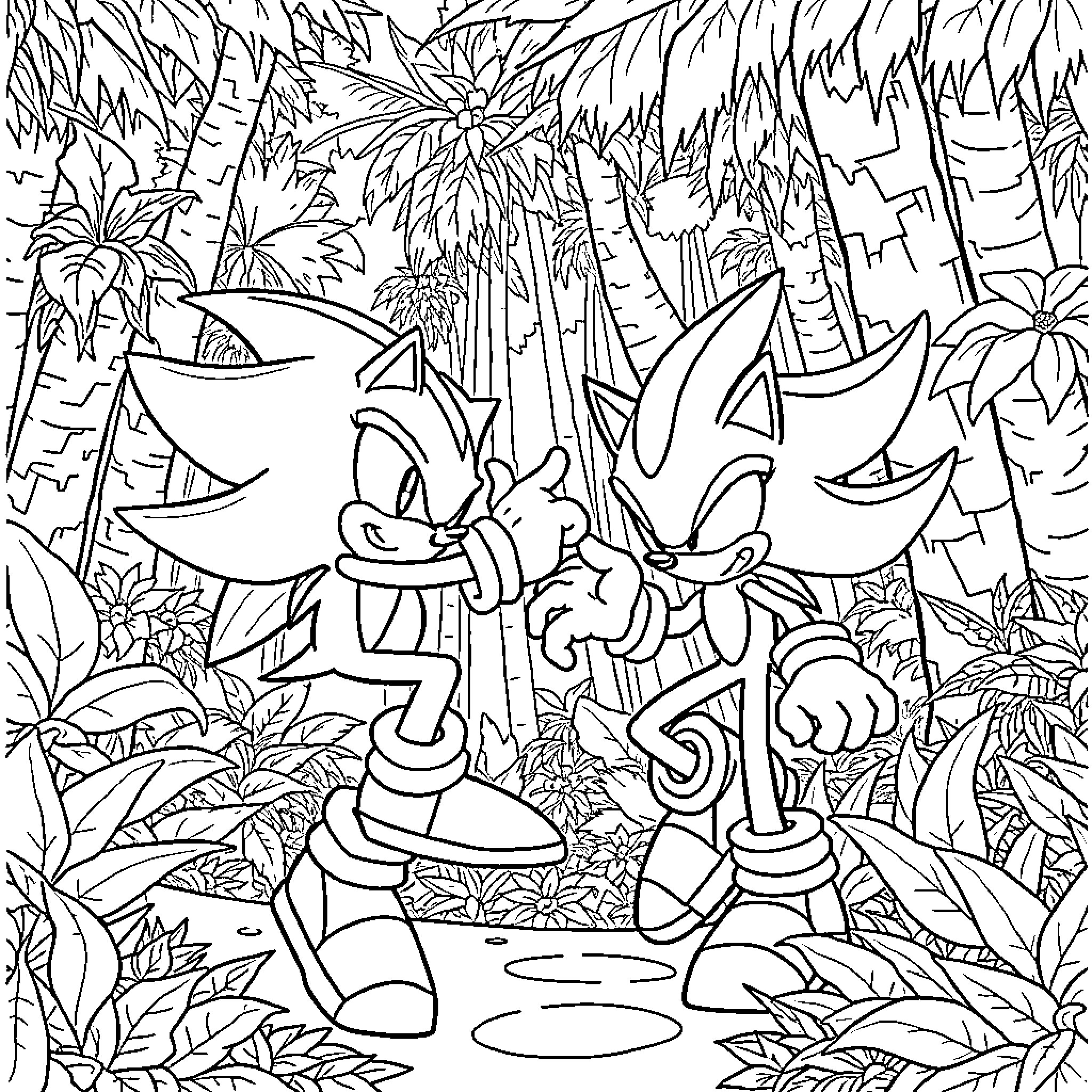 Sonic characters exploring the lush jungle landscape Coloring Page (free black-and-white line drawing printable PDF for all, from beginners to advanced learners, including children, teens, adults, and seniors)