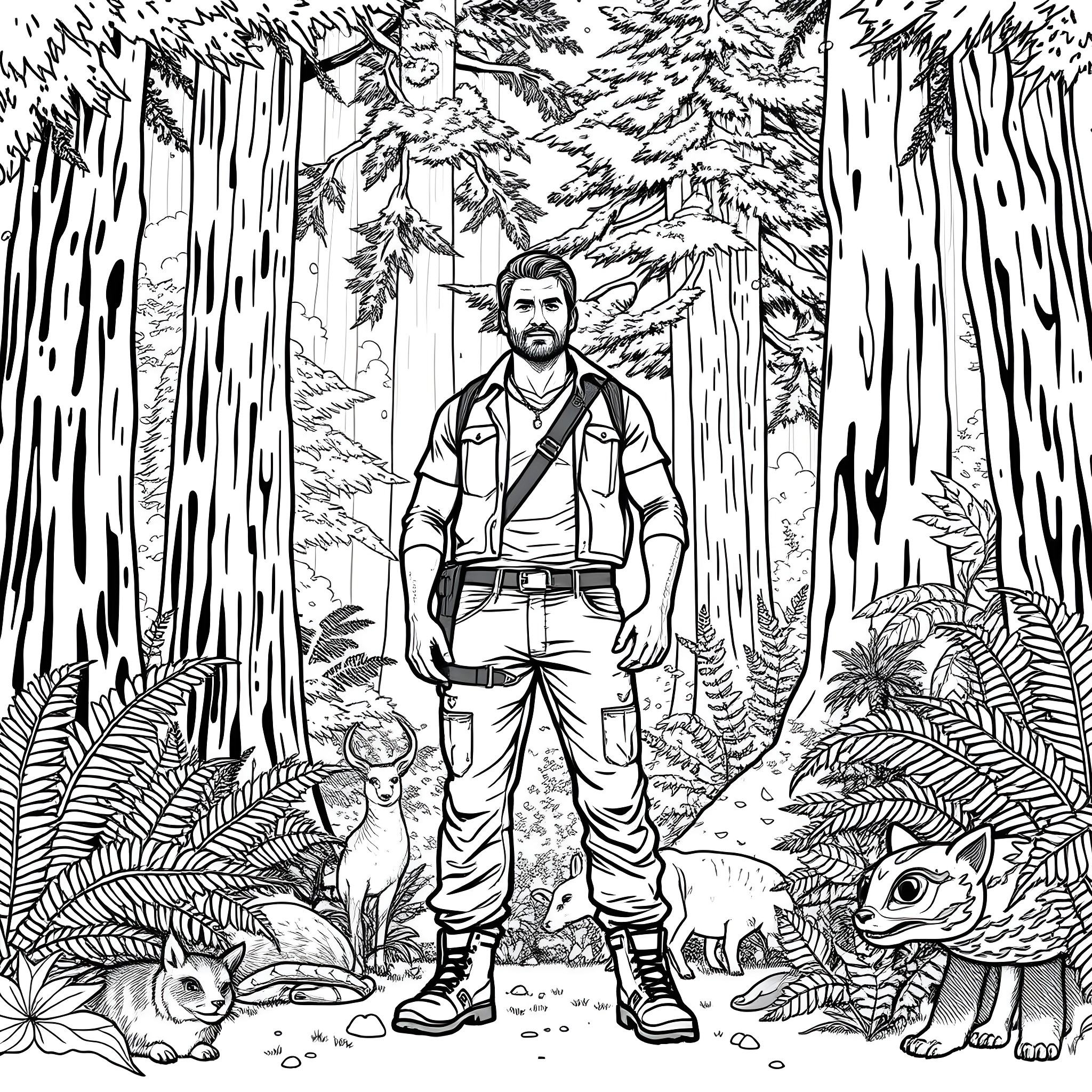 Male adventurer in lush forest with wildlife Coloring Page (free black-and-white line drawing printable PDF for all, from beginners to advanced learners, including children, teens, adults, and seniors)
