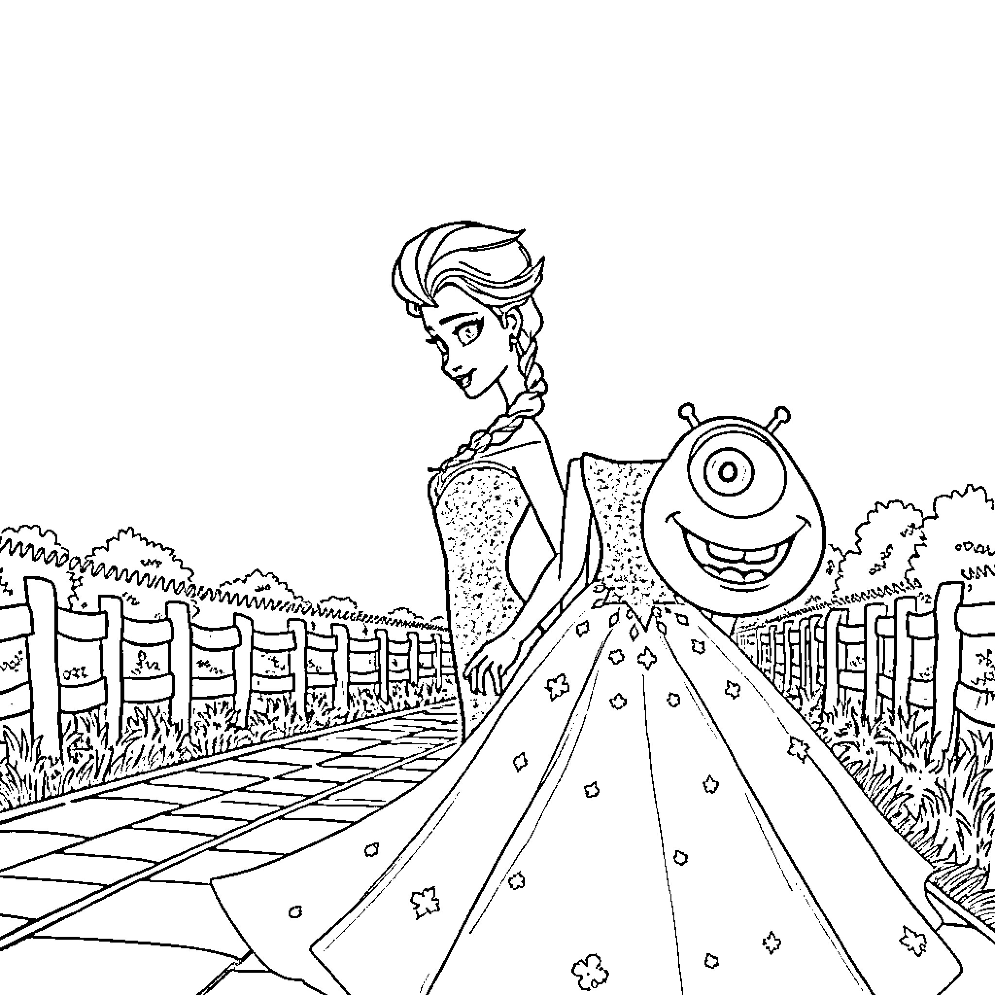 Elsa and her Monster Friend on a Magical Path Coloring Page (free black-and-white line drawing printable PDF for all, from beginners to advanced learners, including children, teens, adults, and seniors)