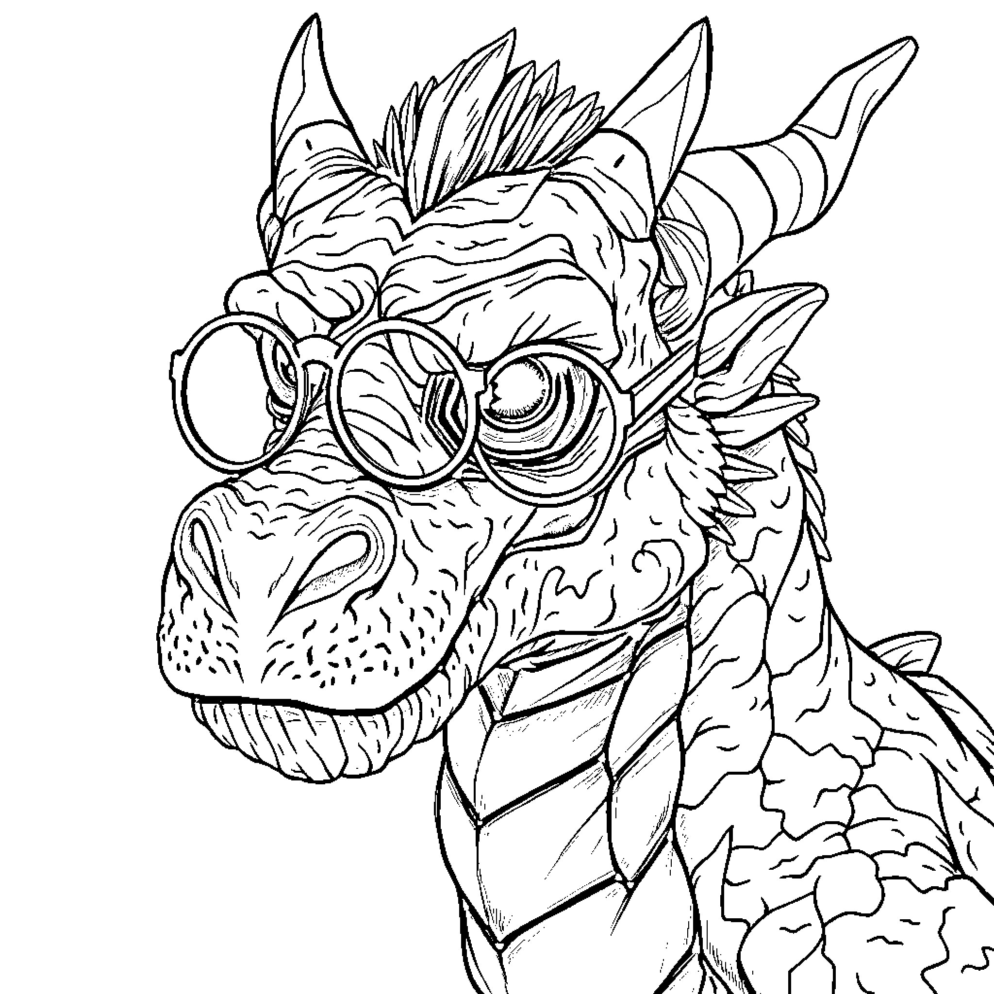 Dragon with glasses and whimsical expression Coloring Page (free black-and-white line drawing printable PDF for all, from beginners to advanced learners, including children, teens, adults, and seniors)
