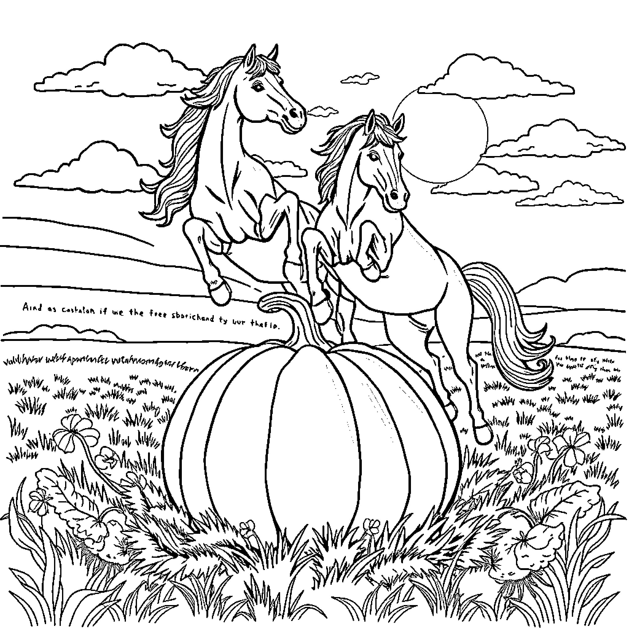 Horse Duo Galloping in Lush Meadow Coloring Page (free black-and-white line drawing printable PDF for all, from beginners to advanced learners, including children, teens, adults, and seniors)