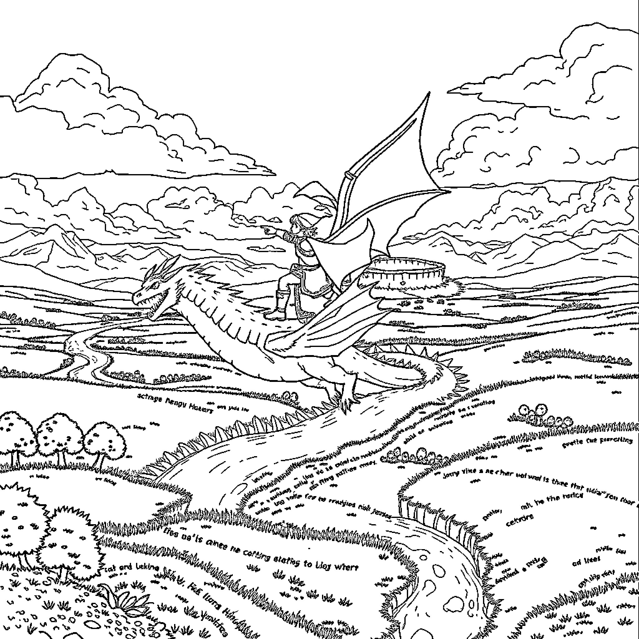 Zelda riding a dragon over a fantastical landscape Coloring Page (free black-and-white line drawing printable PDF for all, from beginners to advanced learners, including children, teens, adults, and seniors)