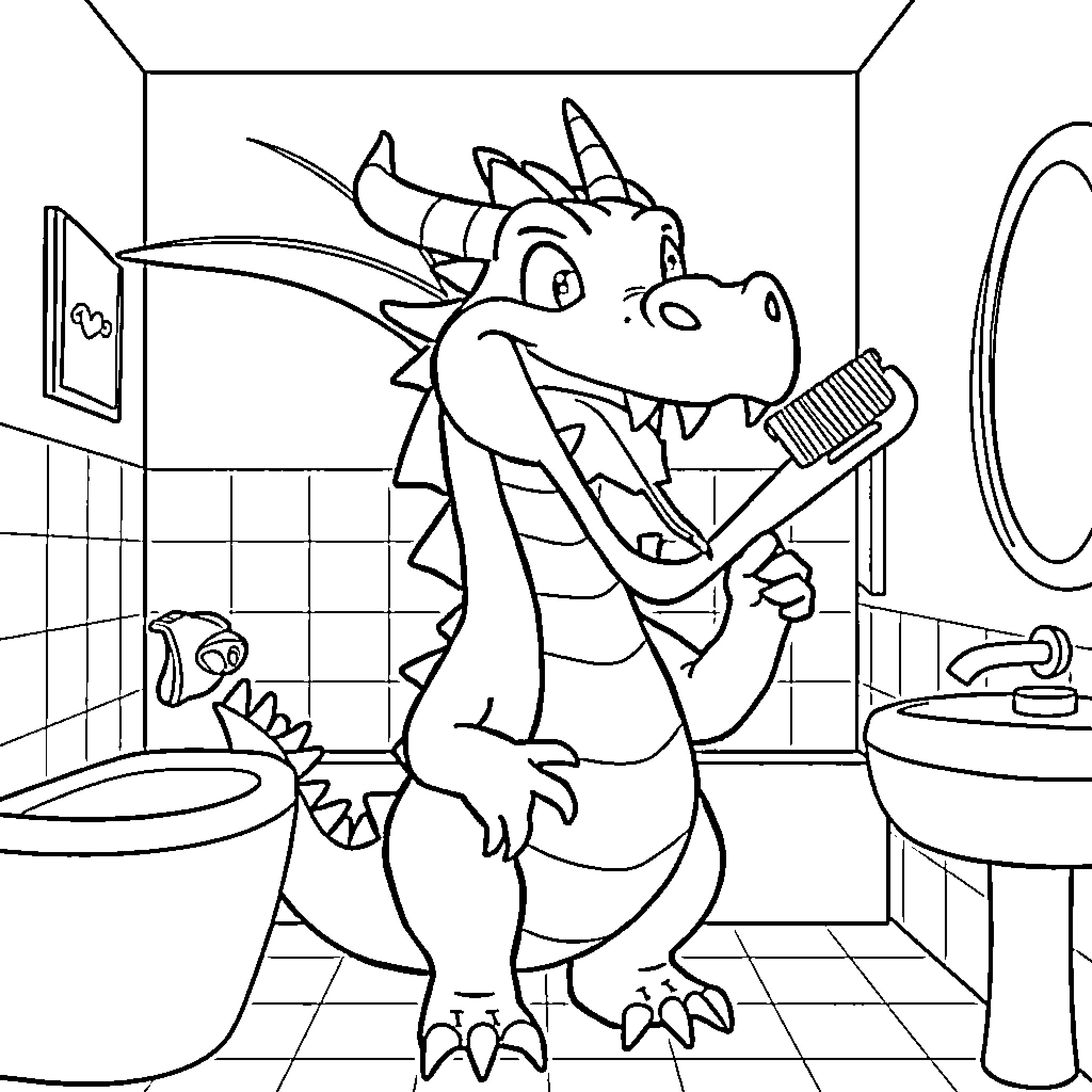 Dragon character brushing teeth in bathroom Coloring Page (free black-and-white line drawing printable PDF for all, from beginners to advanced learners, including children, teens, adults, and seniors)